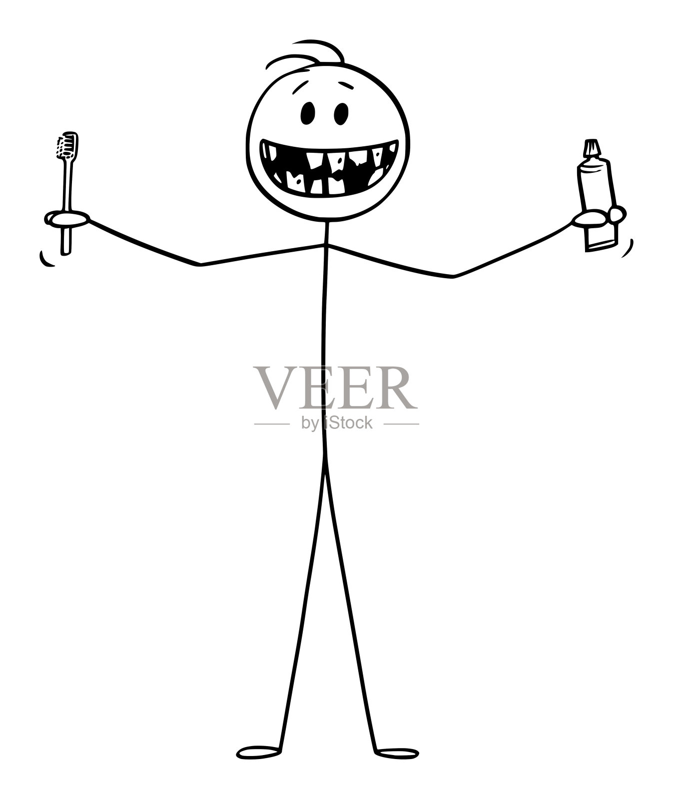 矢量卡通插图微笑的男人显示他的坏牙齿和持有牙刷或牙刷和膏或牙膏在手中插画图片素材