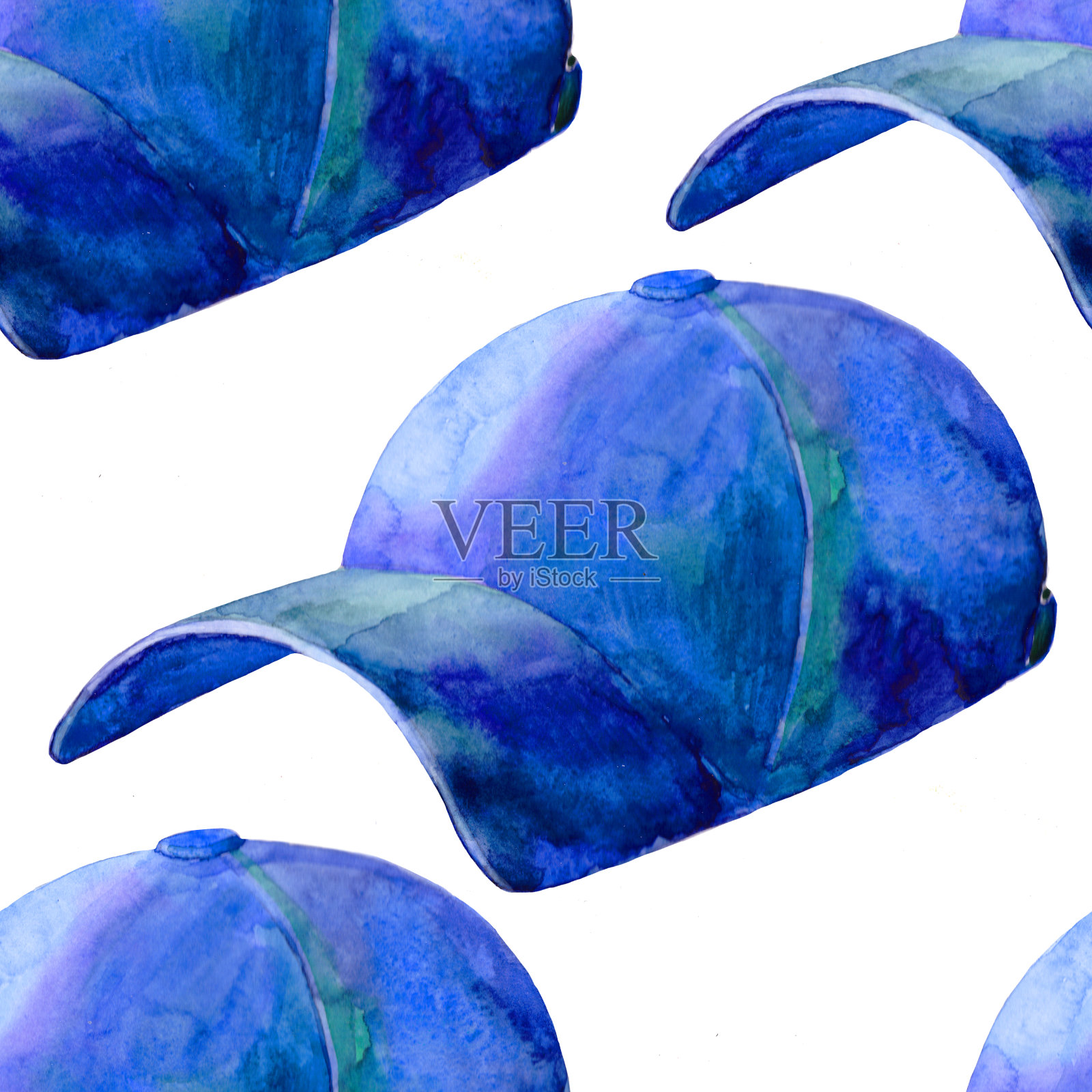 无缝图案的帽子与帽檐，一个夏天的头饰。水彩插图插画图片素材