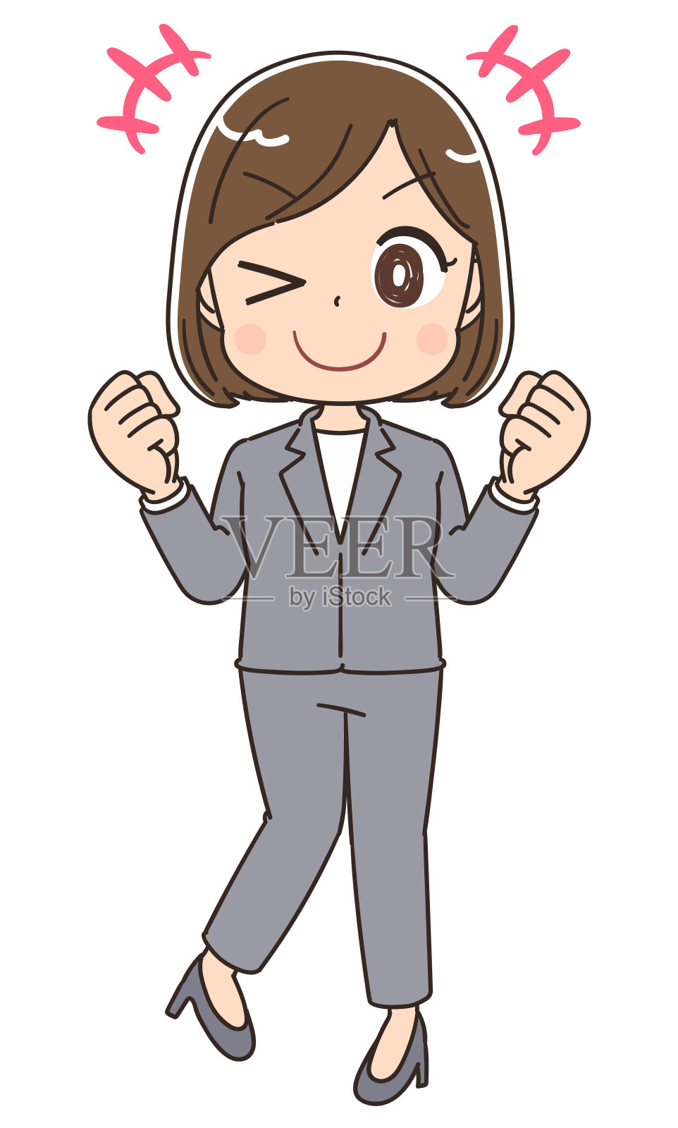 年轻的女商人一边眨着眼睛一边握拳欢呼。这是全身画像设计元素图片