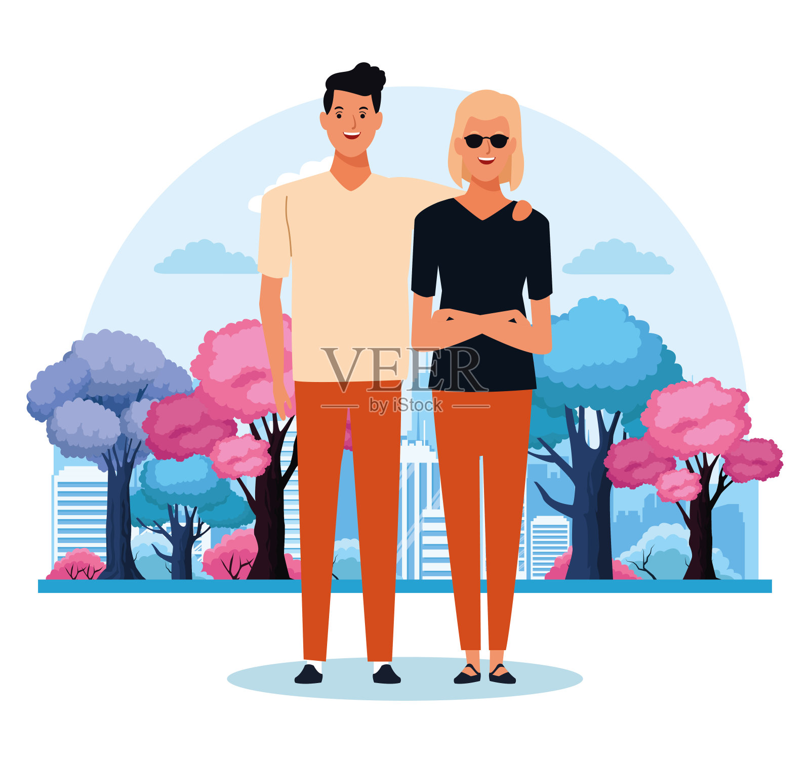 卡通的年轻夫妇站在彩色的树插画图片素材