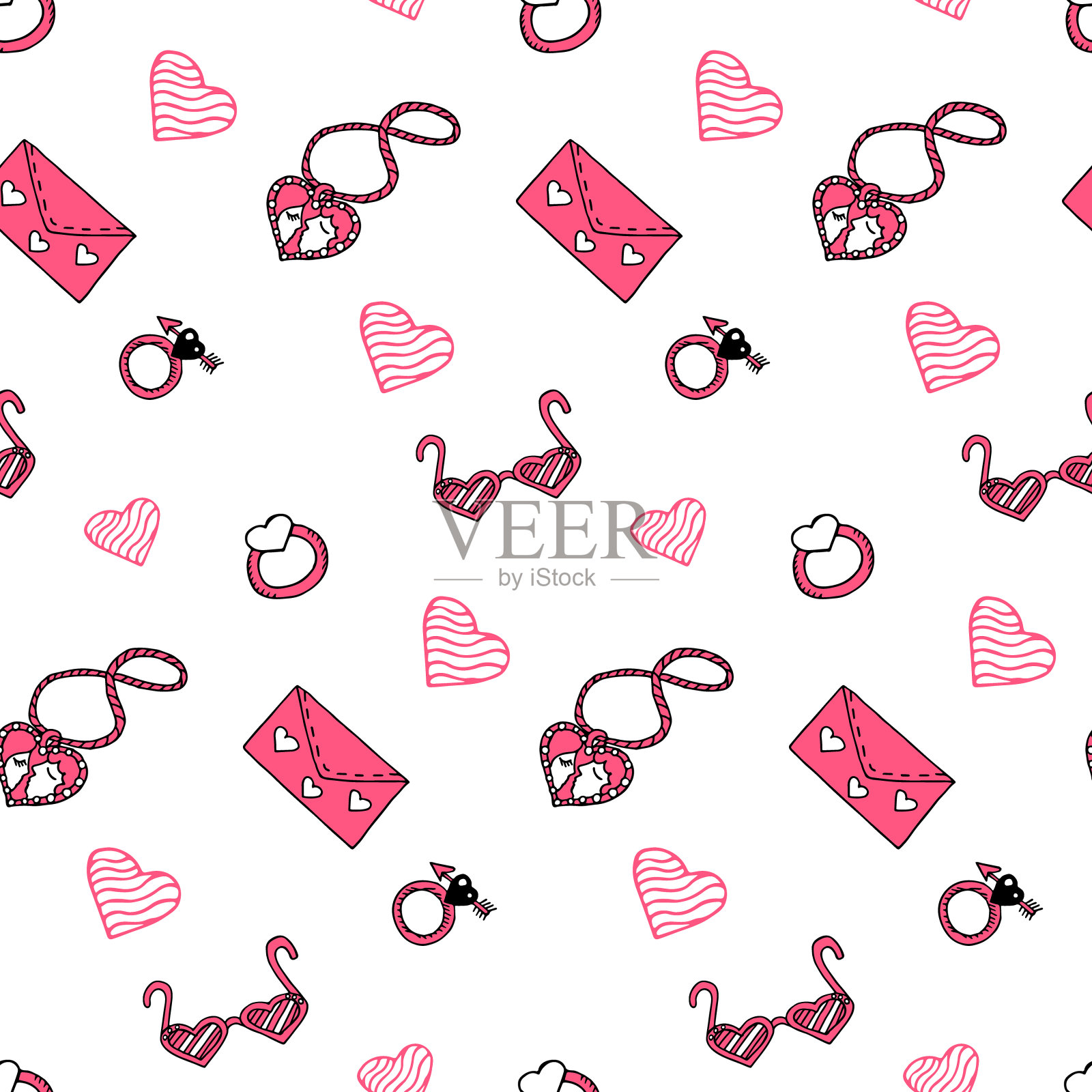 情人节无缝模式与粉色元素涂鸦风格。挂坠盒，眼镜，戒指，情书，心。可爱的手绘纹理贺卡，织物，包装纸。矢量图插画图片素材