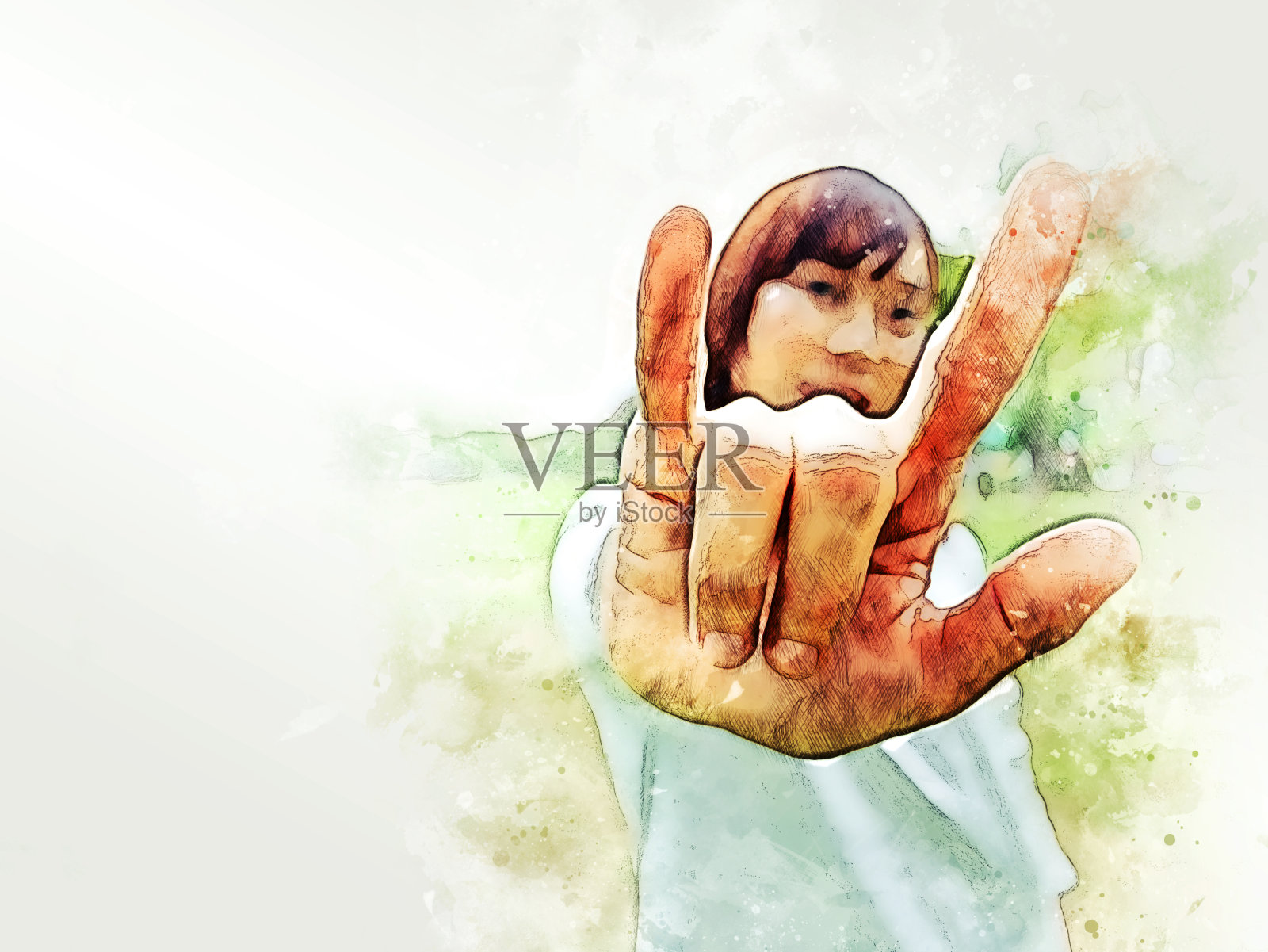 在水彩插画背景上，抽象色彩的女人表现出爱的情感符号。插画图片素材