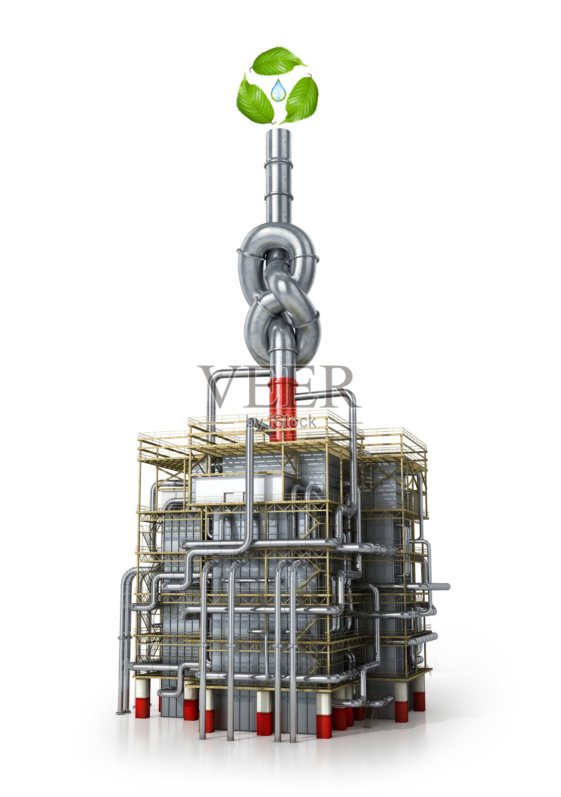 环境污染的概念。工厂里有个结的管子。三维演示照片摄影图片