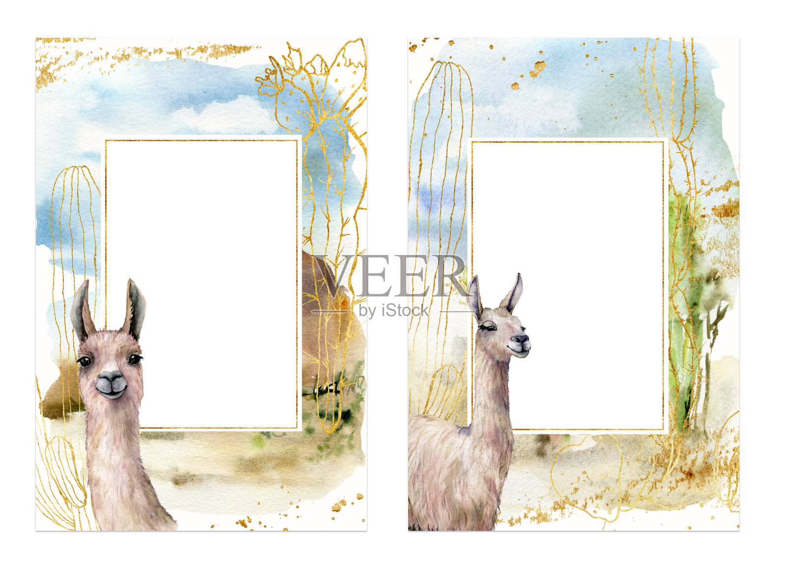 羊驼水彩画卡。手绘美丽的框架与动物，天空和植物孤立在白色的背景。沙漠插图设计，印刷，织物或背景。插画图片素材