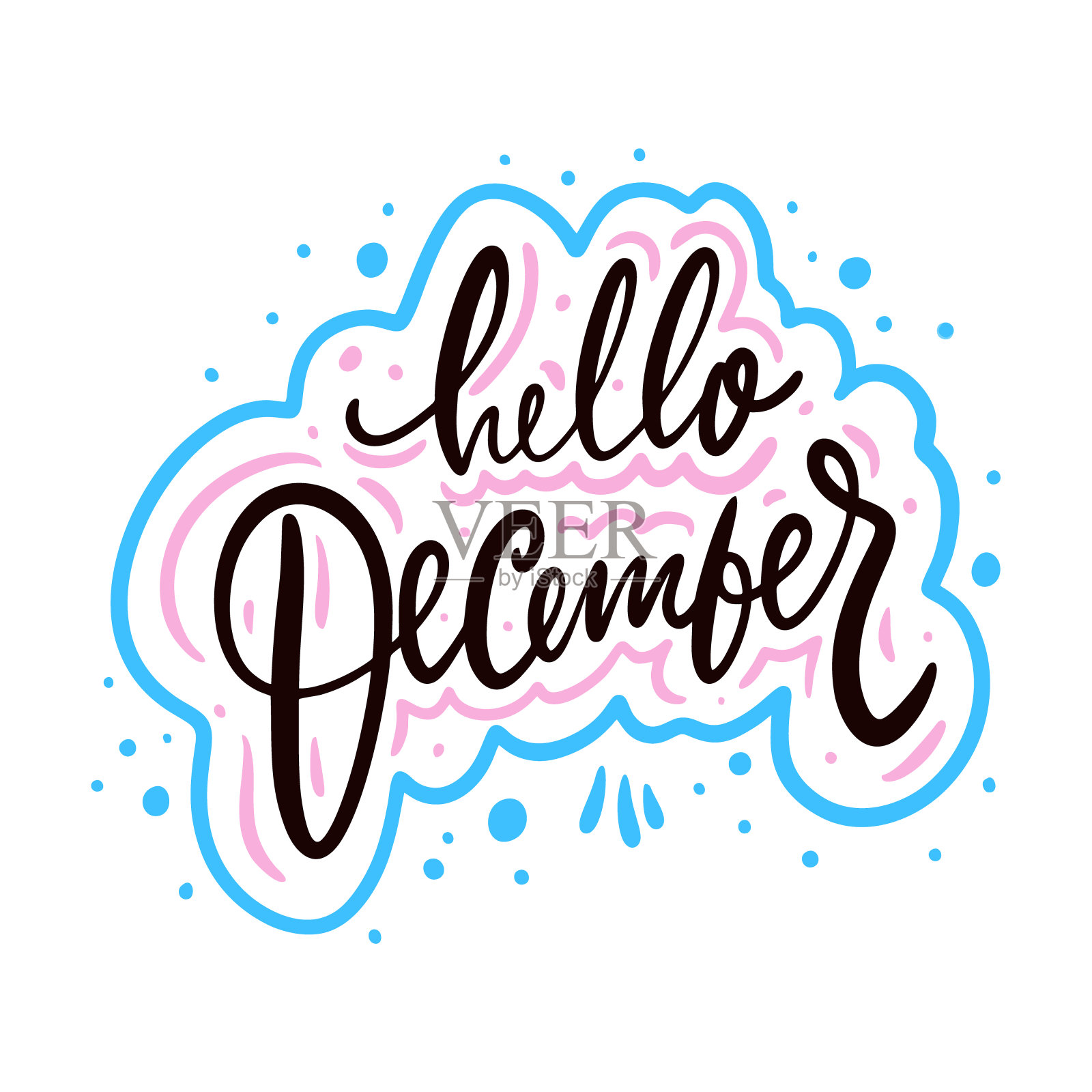 你好,12月签署。卡通风格。手绘矢量字母。孤立在白色背景上。插画图片素材