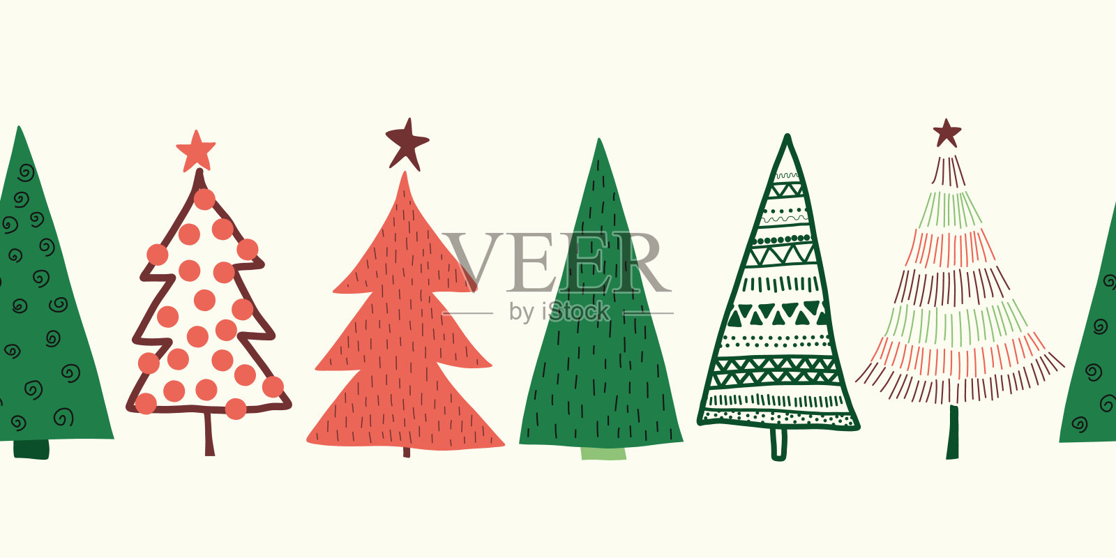 圣诞树矢量边界。无缝图案手绘涂鸦树绿红。装饰冬季节日素描设计丝带，卡片装饰，剪贴簿，横幅插画图片素材