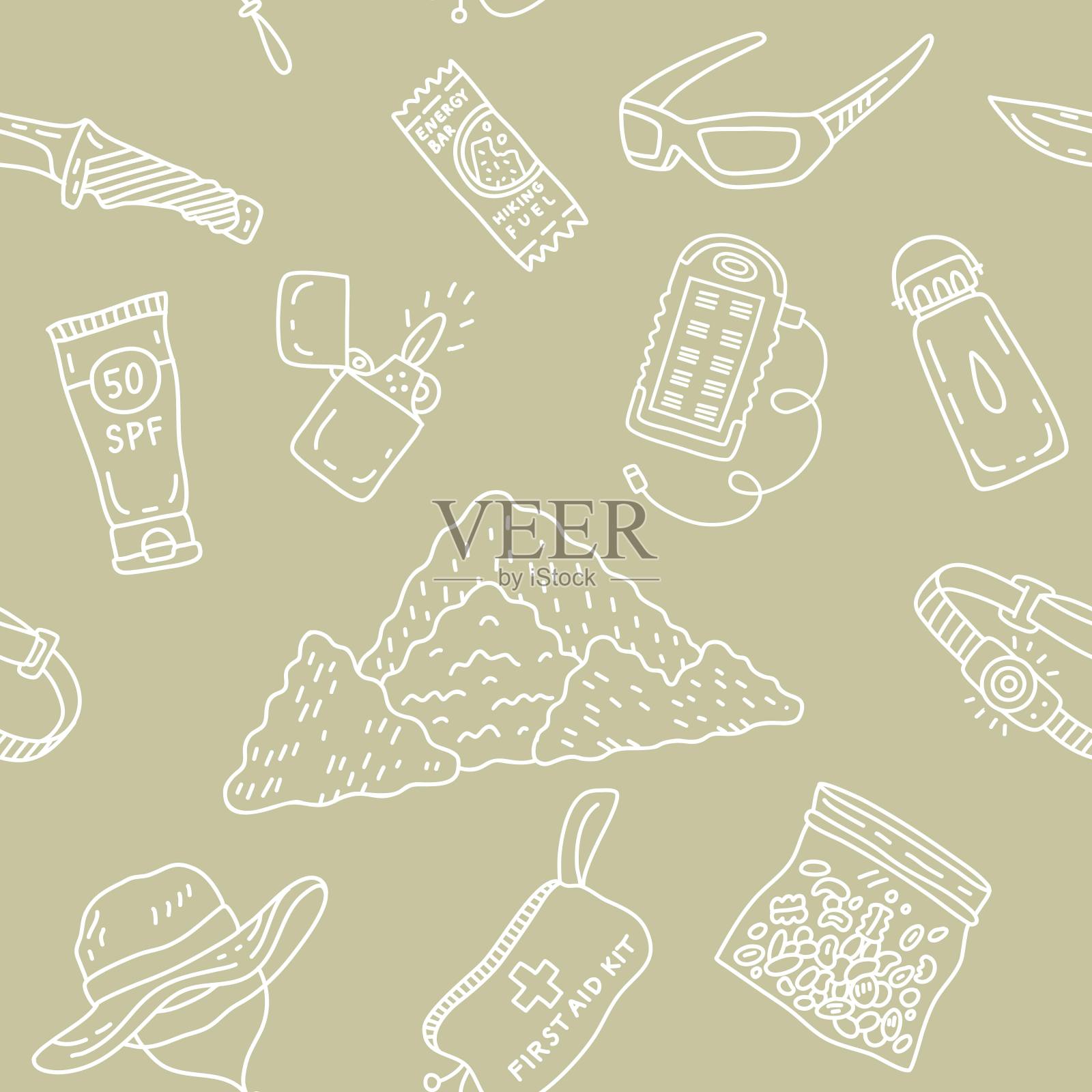 无缝的矢量模式。登山设备。帽子，打火机，头灯，太阳眼镜，防晒霜，水，医疗包，零食，太阳能发电站。适用于设计、印刷、贴纸、体育和旅游业务。插画图片素材