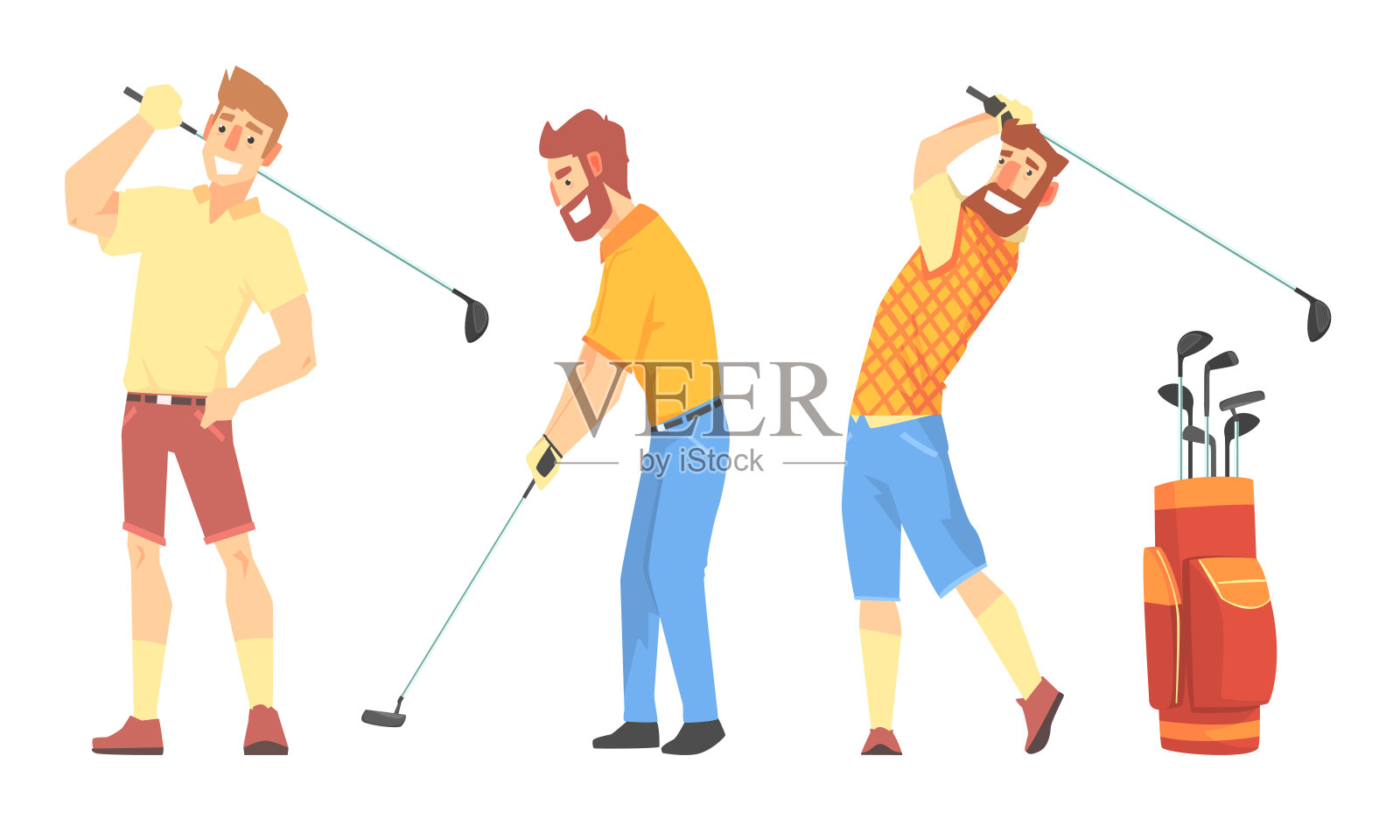 三个男人角色在运动服装打高尔夫矢量插图设置孤立的白色背景插画图片素材
