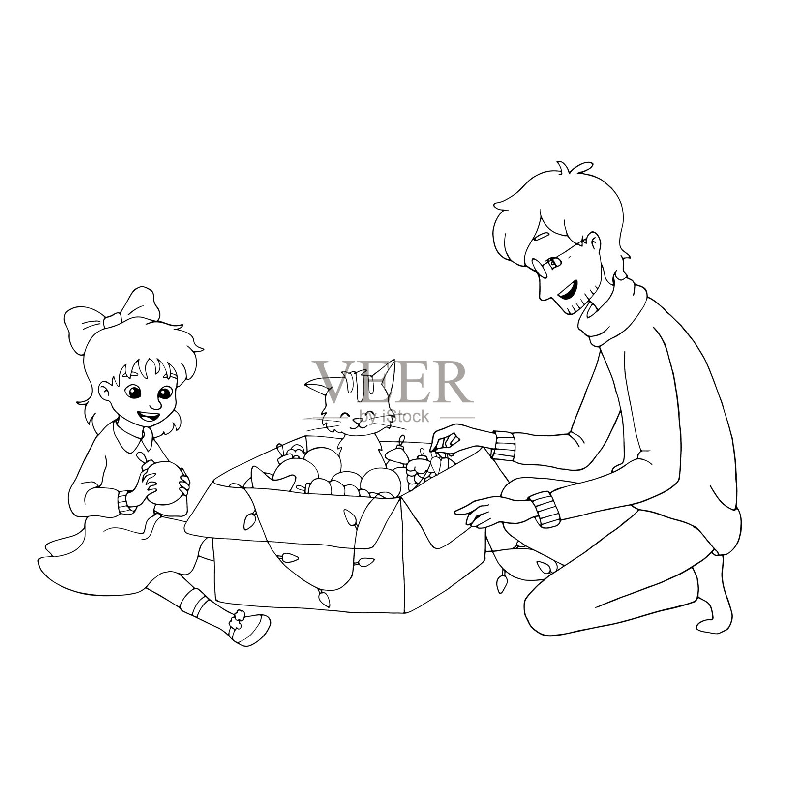 爸爸和女儿打开一个装着圣诞树玩具的盒子。黑白矢量插图着色书。插画图片素材