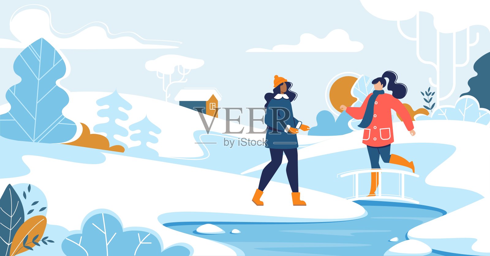 朋友们在雪山公园散步插画图片素材