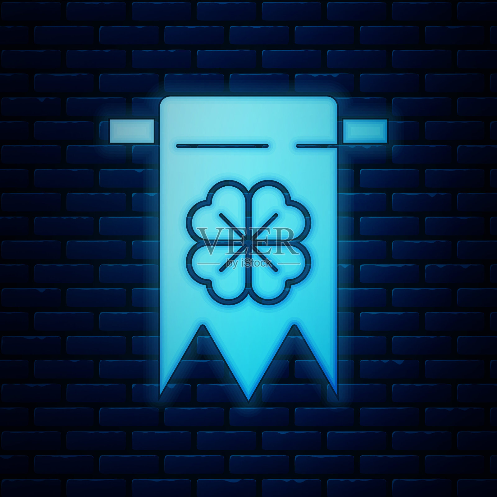 发光的霓虹灯四叶草图标孤立在砖墙背景上。彩旗用于生日庆典、节日庆典。圣帕特里克节快乐。矢量图插画图片素材