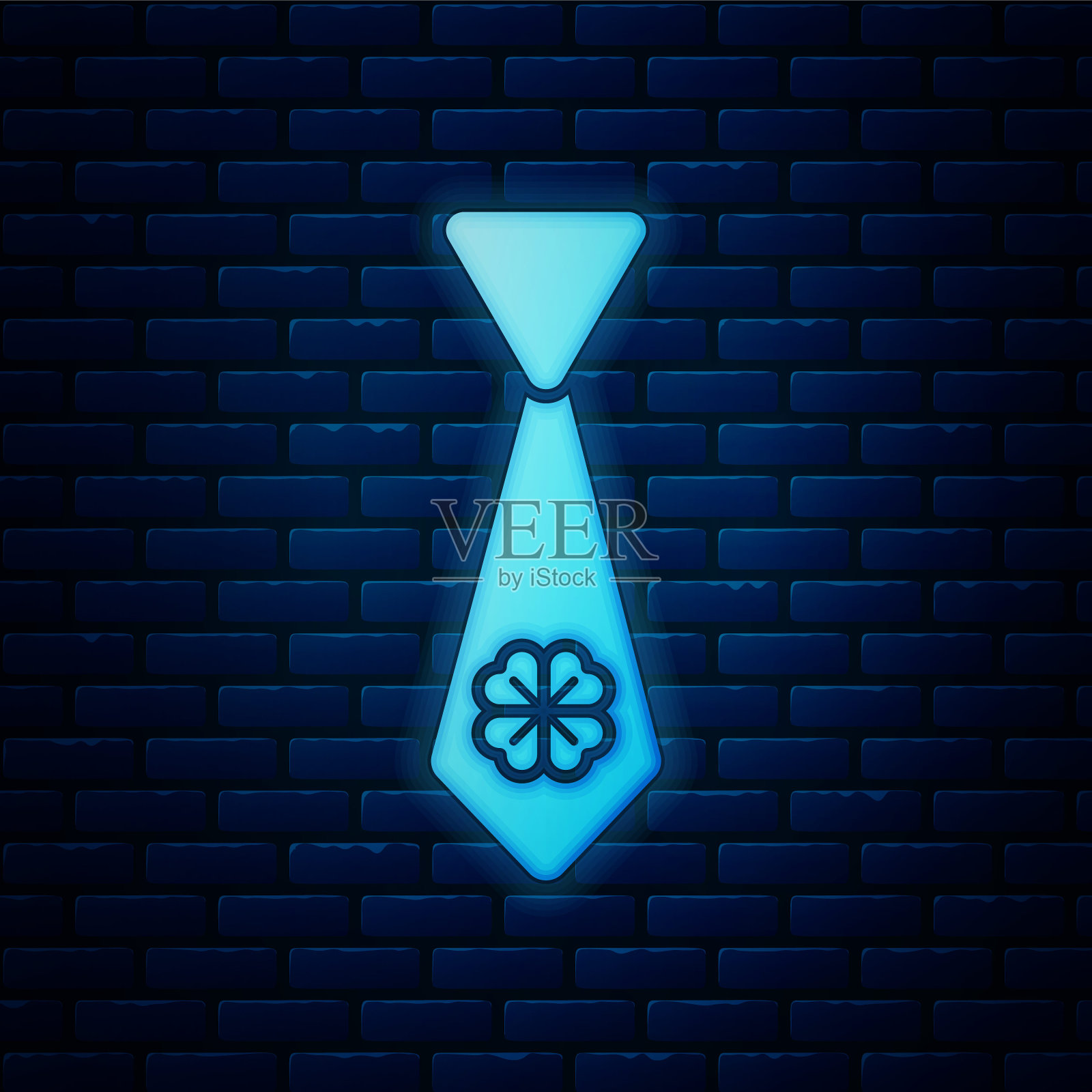 发光的霓虹灯领带与四叶三叶草图标孤立在砖墙背景。领带和领巾符号。圣帕特里克节快乐。矢量图插画图片素材