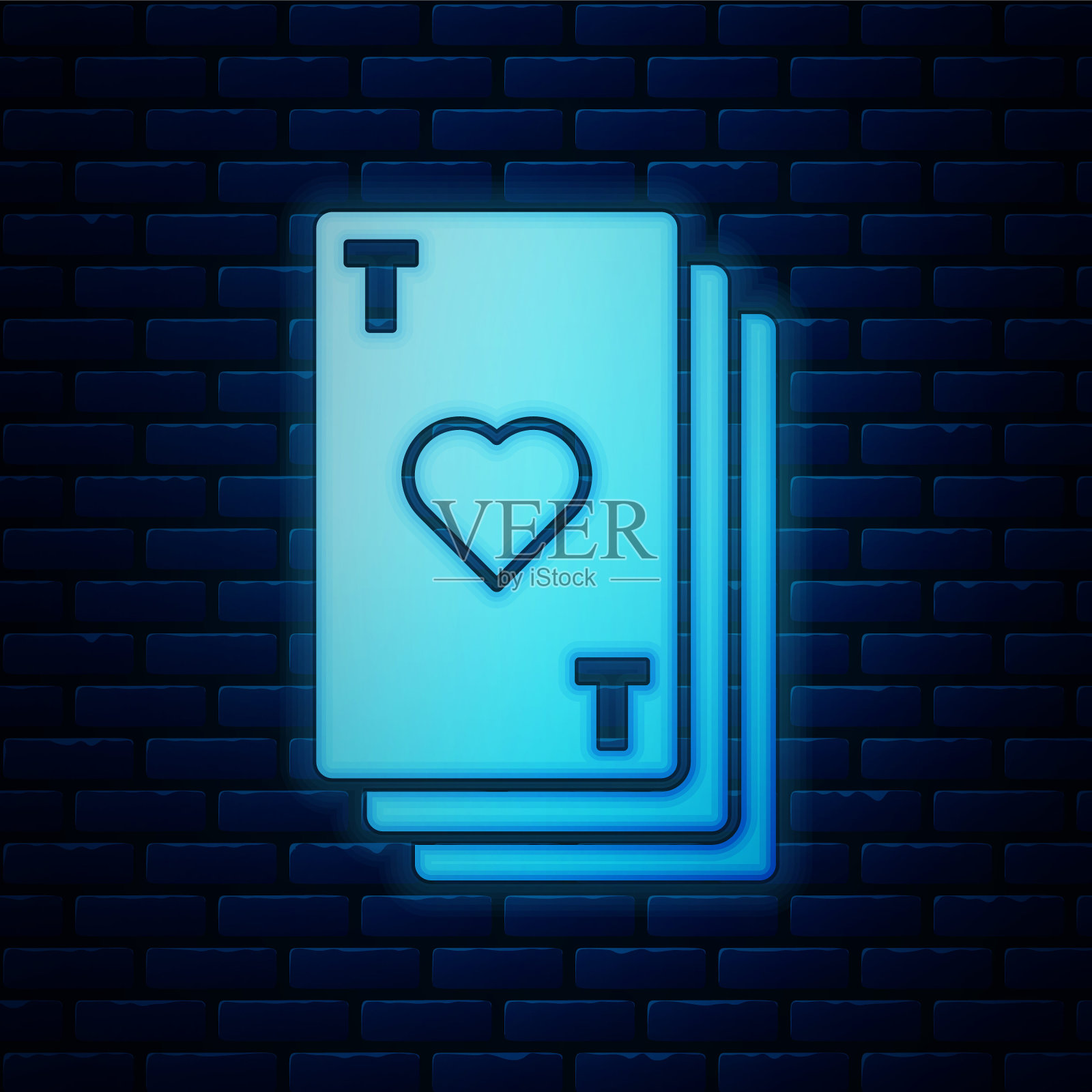 发光的霓虹灯扑克牌与心的象征图标孤立在砖墙的背景。赌场赌博。矢量图插画图片素材