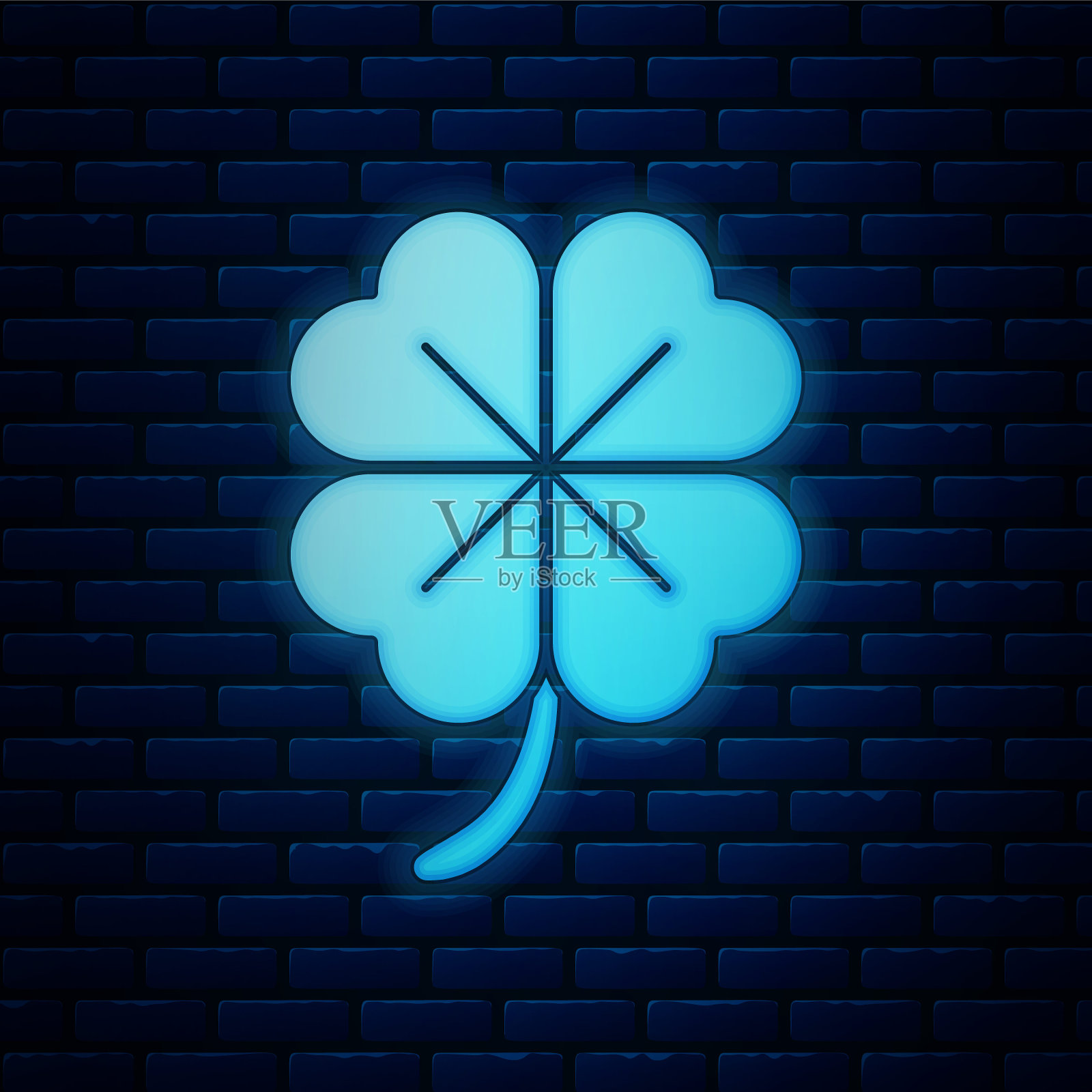 发光的霓虹灯四叶草图标孤立在砖墙背景上。圣帕特里克节快乐。矢量图插画图片素材