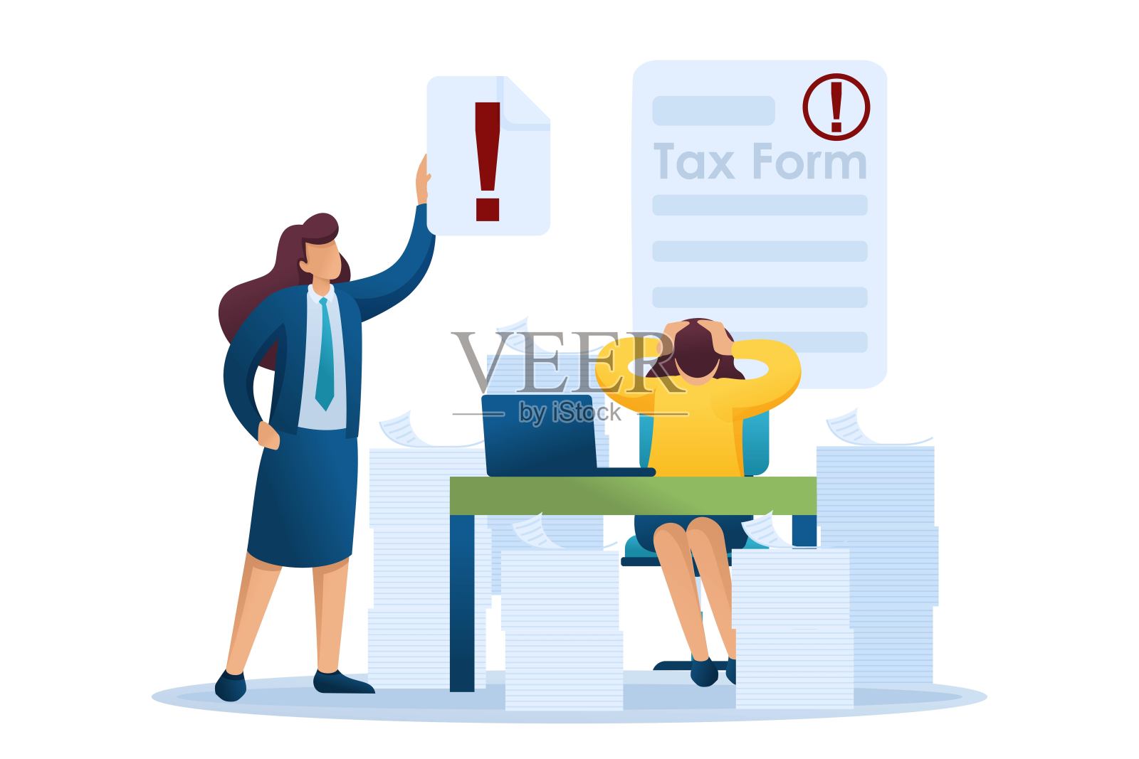 办公室工作压力大，填写纳税申报单，截止日期。平面二维字符。网页设计概念插画图片素材