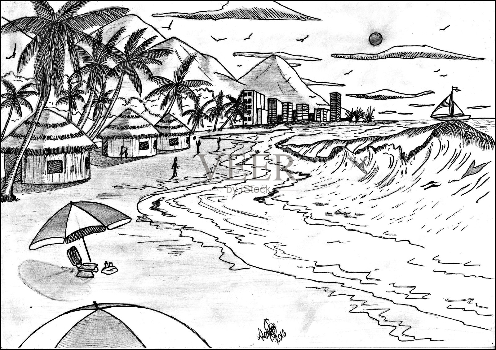 海滩上画插画图片素材