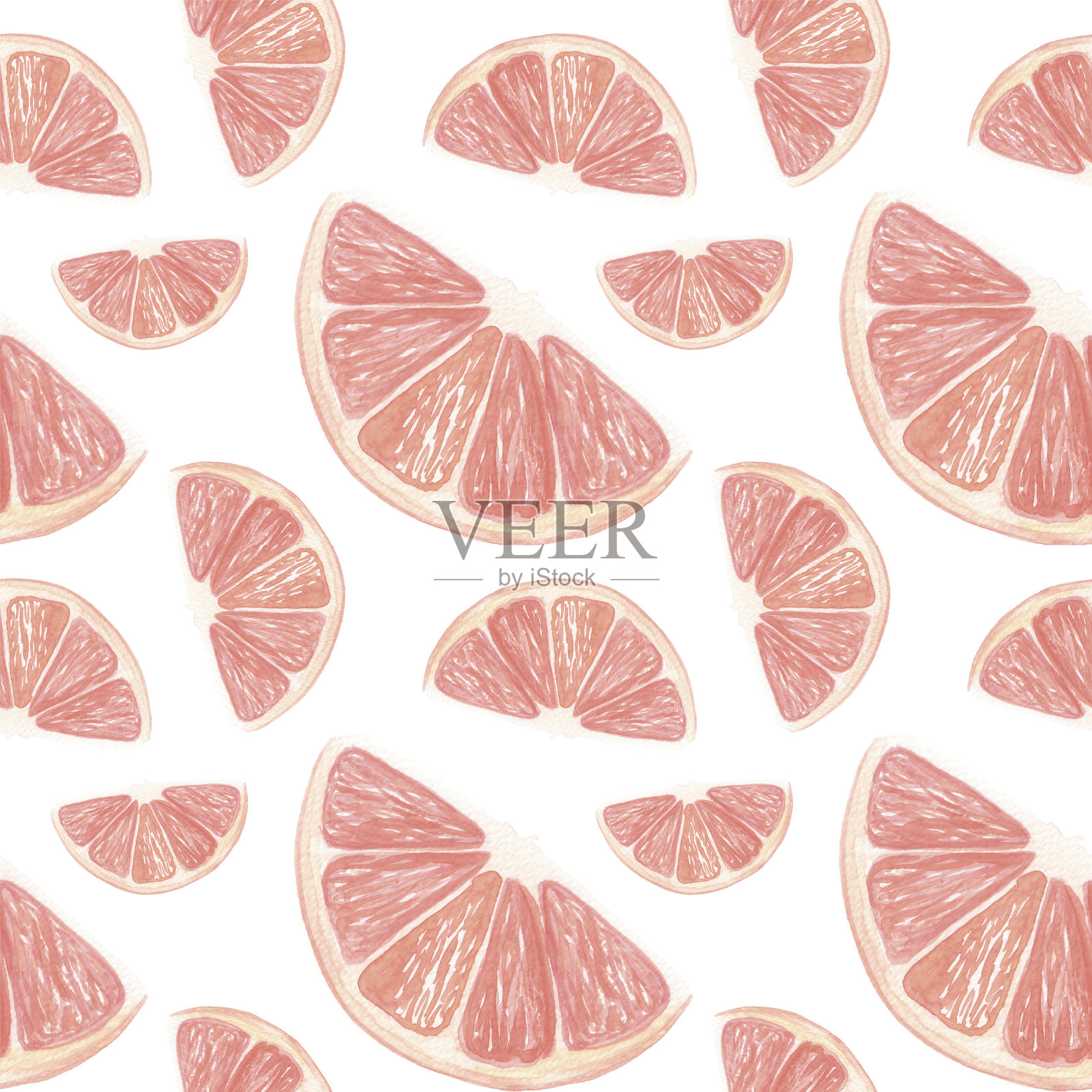 水彩葡萄柚无缝图案，用水彩绘制一片葡萄柚，在白色的背景上为您设计水彩图案插画图片素材