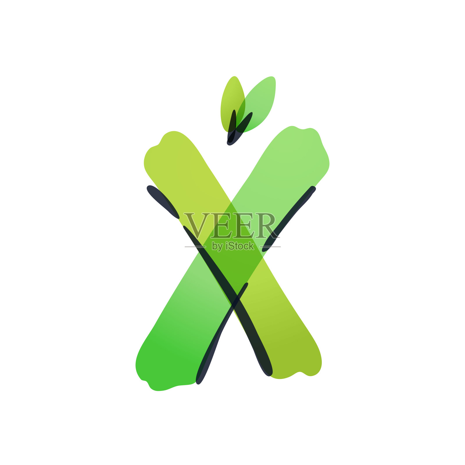 用记号笔手写的绿叶X字母生态标志。设计元素图片