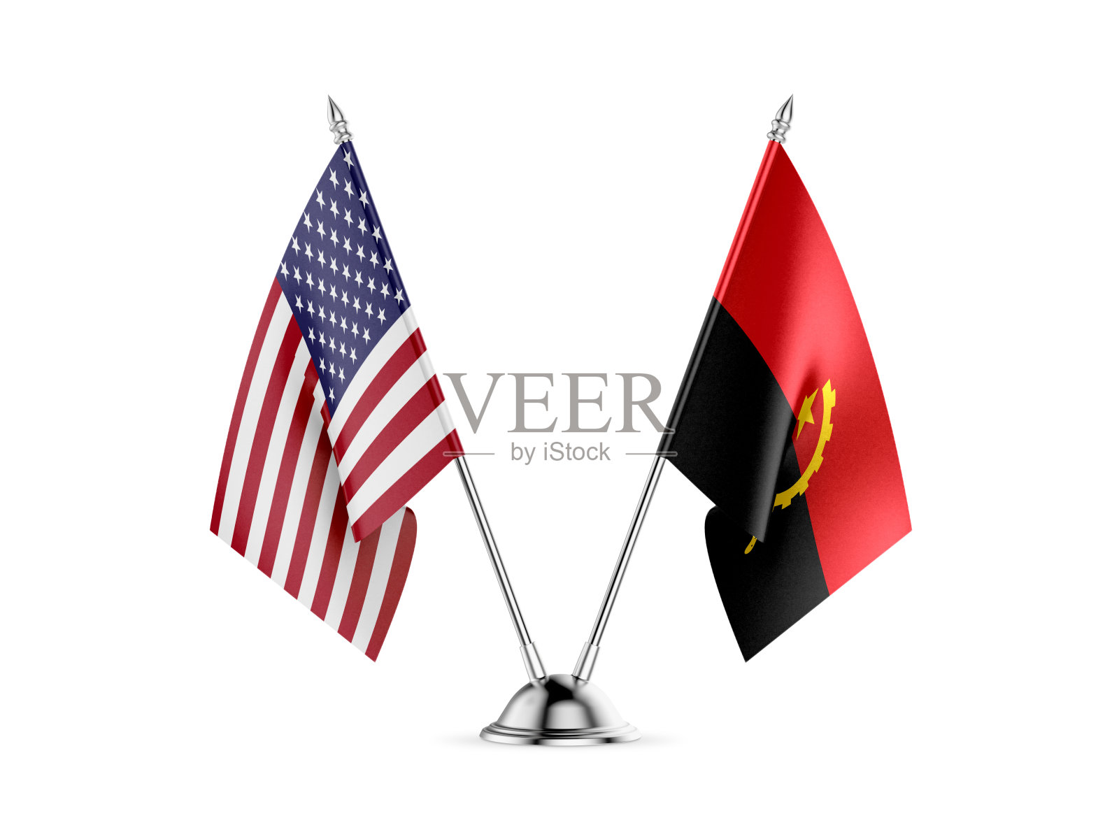 课桌旗帜，美国和安哥拉，孤立在白色背景上。三维图像照片摄影图片