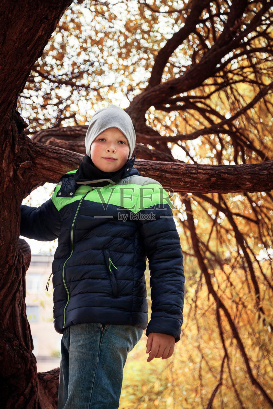 男孩在秋天的公园里散步照片摄影图片