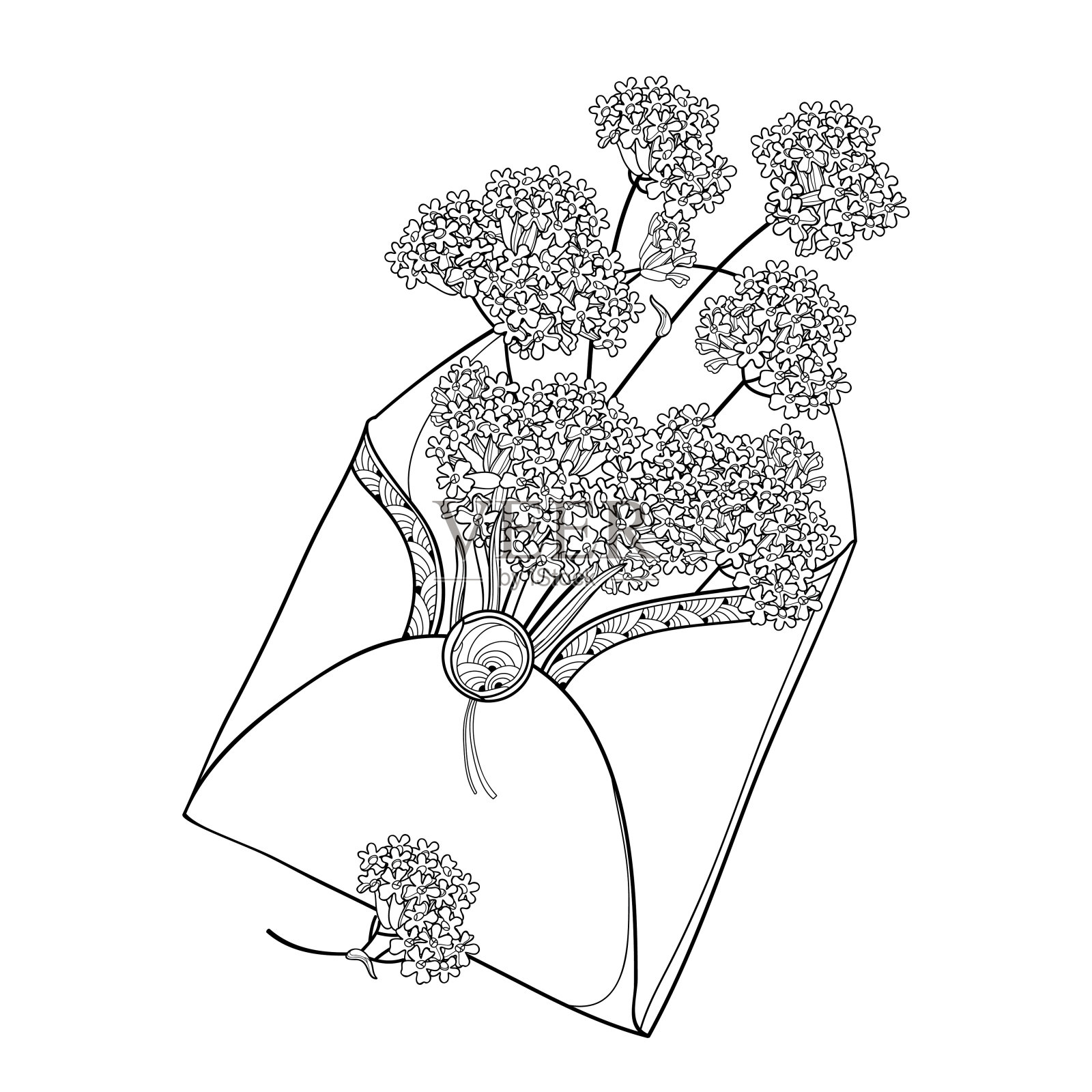 矢量花束轮廓马鞭草或阿根廷马鞭草花在开放的工艺信封在黑色孤立在白色背景。插画图片素材