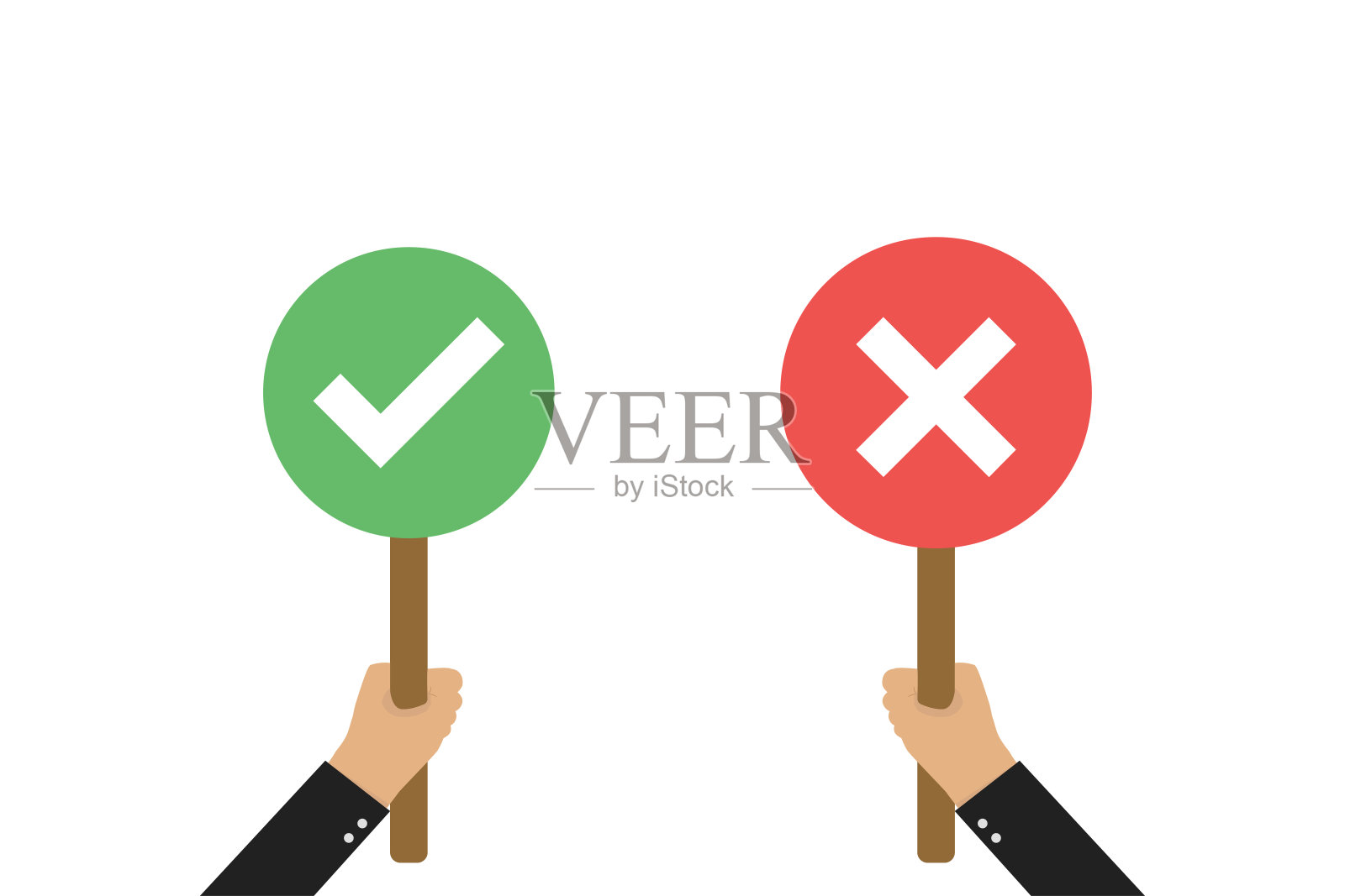 手握检查标记和交叉符号孤立矢量在白色背景。右勾号符号。现代平面矢量插图。插画图片素材