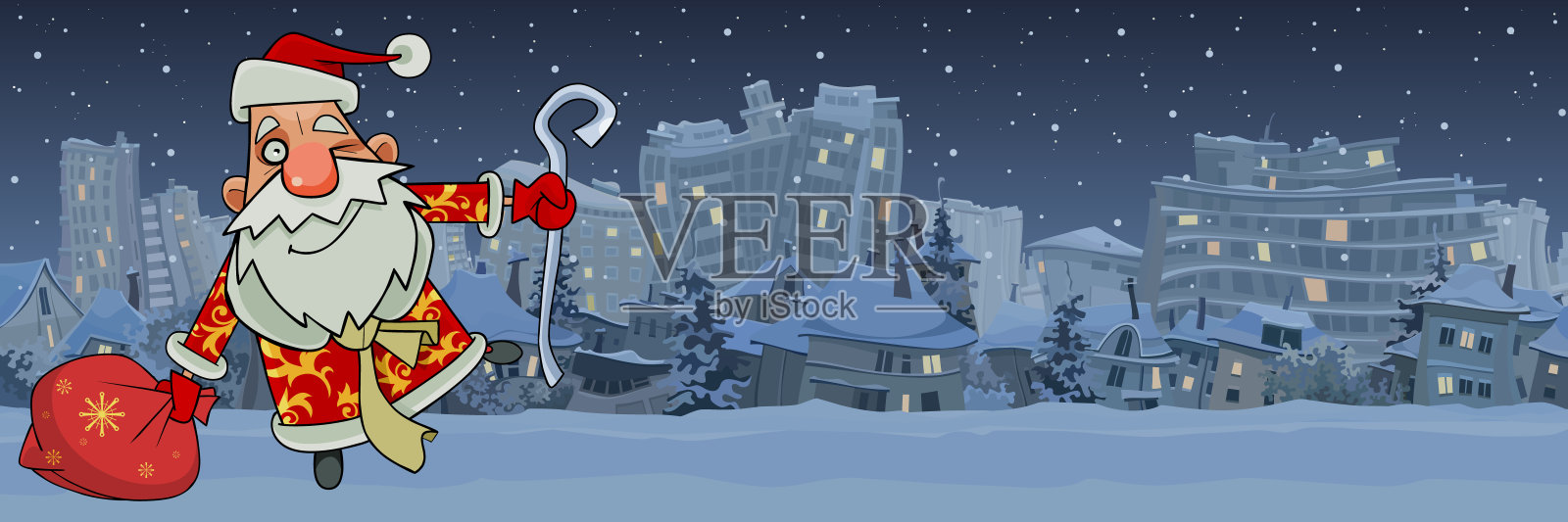 圣诞老人在一个卡通冬季城市的全景背景插画图片素材