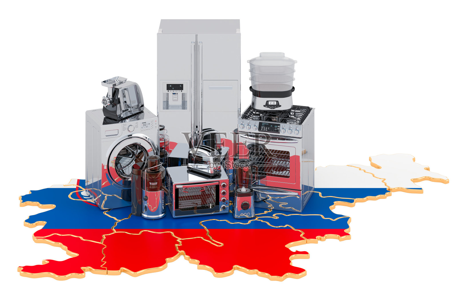 斯洛文尼亚地图上的厨房和家用电器。生产，购物和交付的概念。3D渲染孤立的白色背景照片摄影图片