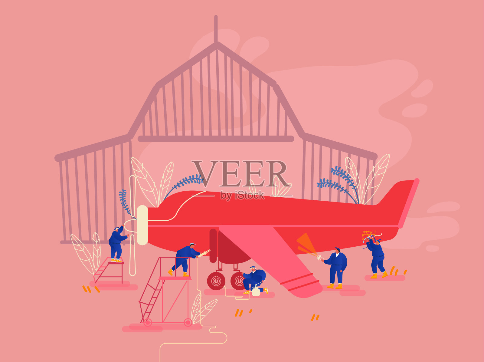 飞机维修概念。机械工程师小组检查私人飞机与螺旋桨发动机前机库泵轮和加油。卡通平面矢量插图插画图片素材