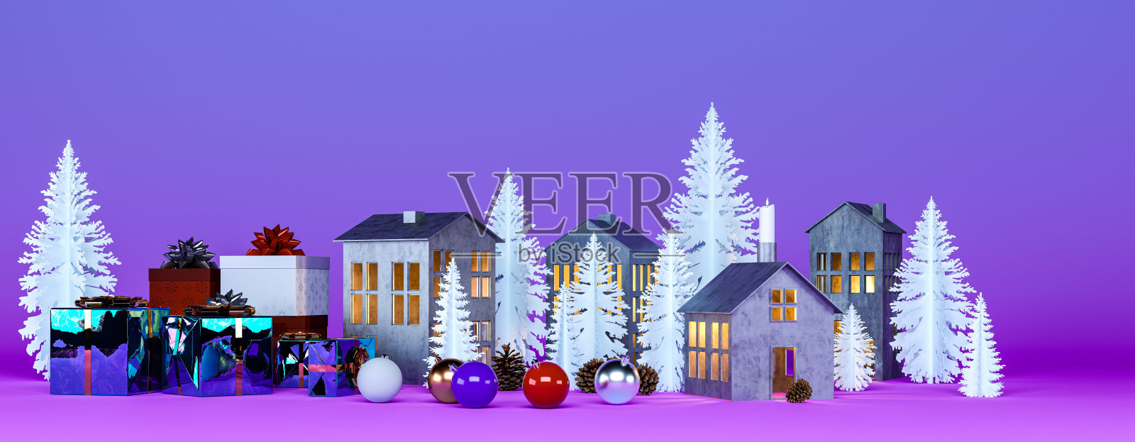 圣诞礼物，以自制的纸工艺品为背景的礼盒，圣诞玩具和装饰烛台照片摄影图片