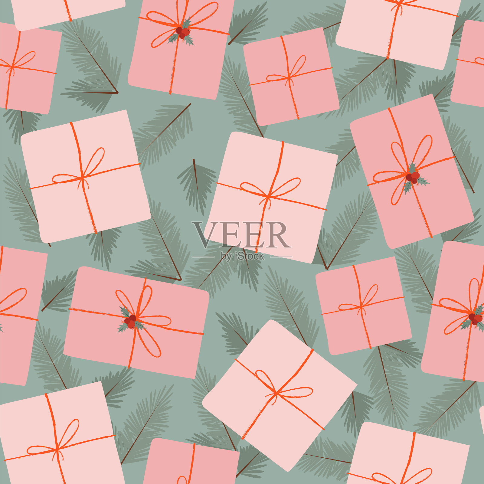 无缝假日模式与礼品盒和杉木枝。插画图片素材