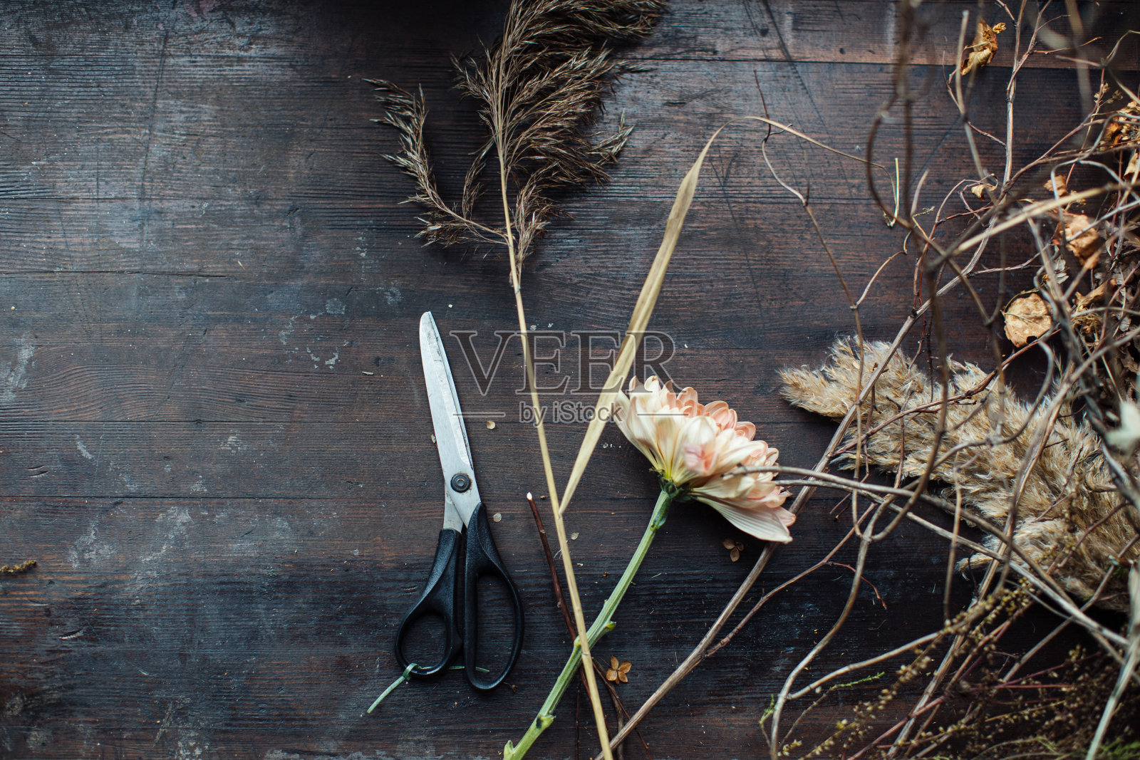 用你自己的双手装饰秋天。装饰饰品制造大师班。花店照片摄影图片