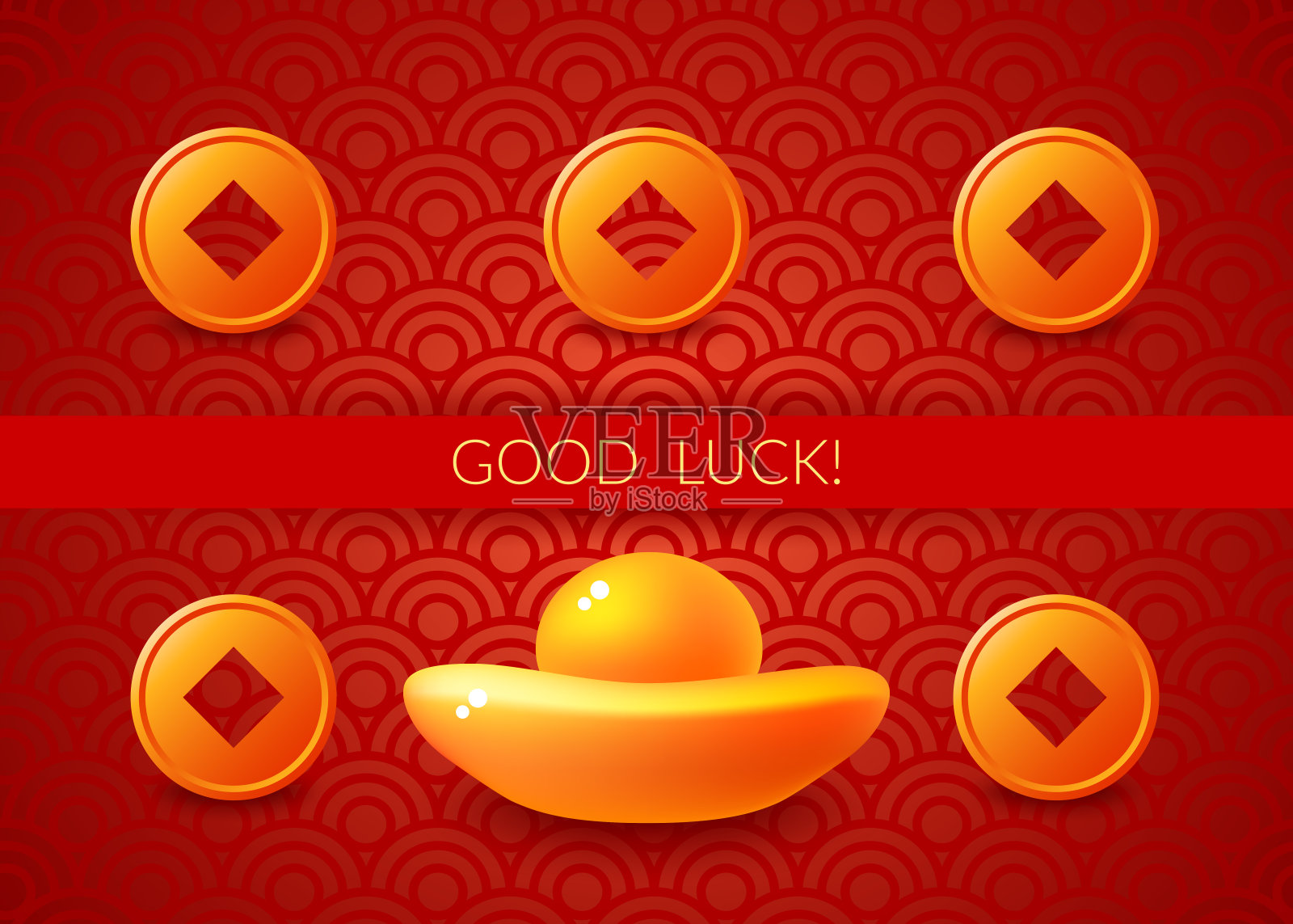 黄金中国铜币。金元宝。中国新年的象征。金色的酒吧。贺卡。平面设计。孤立。红色的背景插画图片素材