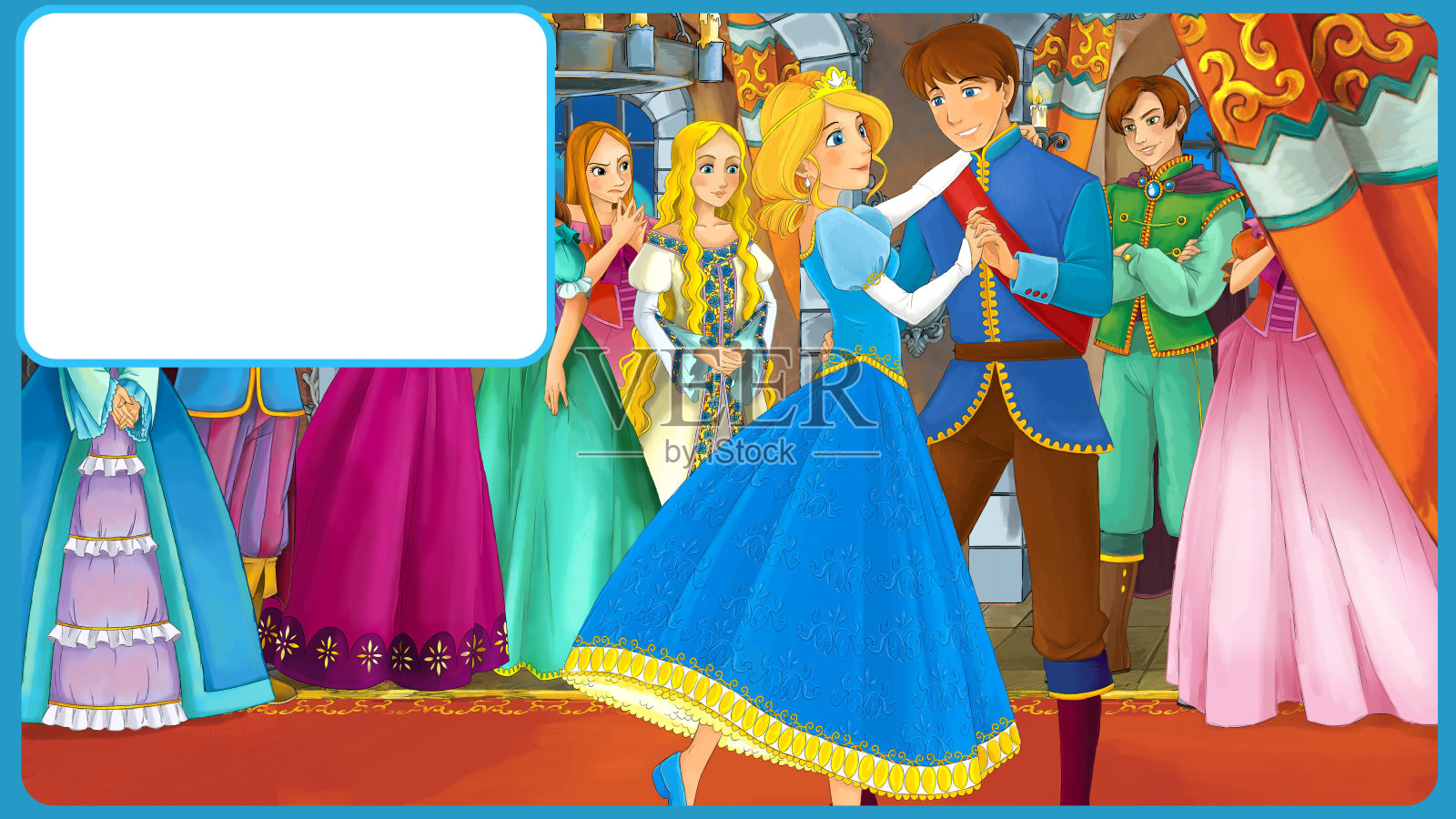 卡通场景与国王和公主高兴的框架为文本插画图片素材