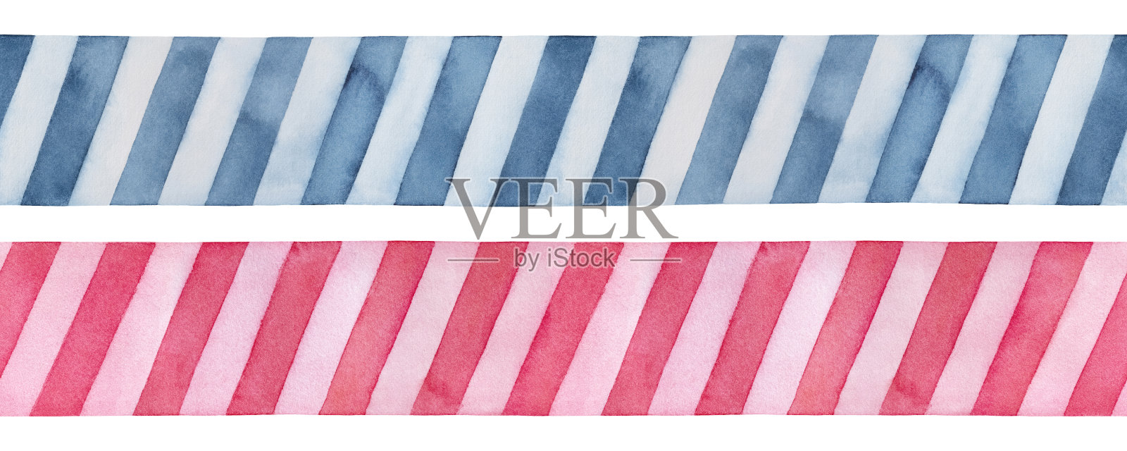 两套彩色无缝丝带与对角线条纹图案。手绘水彩图形上的白色，剪纸剪辑艺术元素设计装饰，模板，打印，聚会邀请。插画图片素材