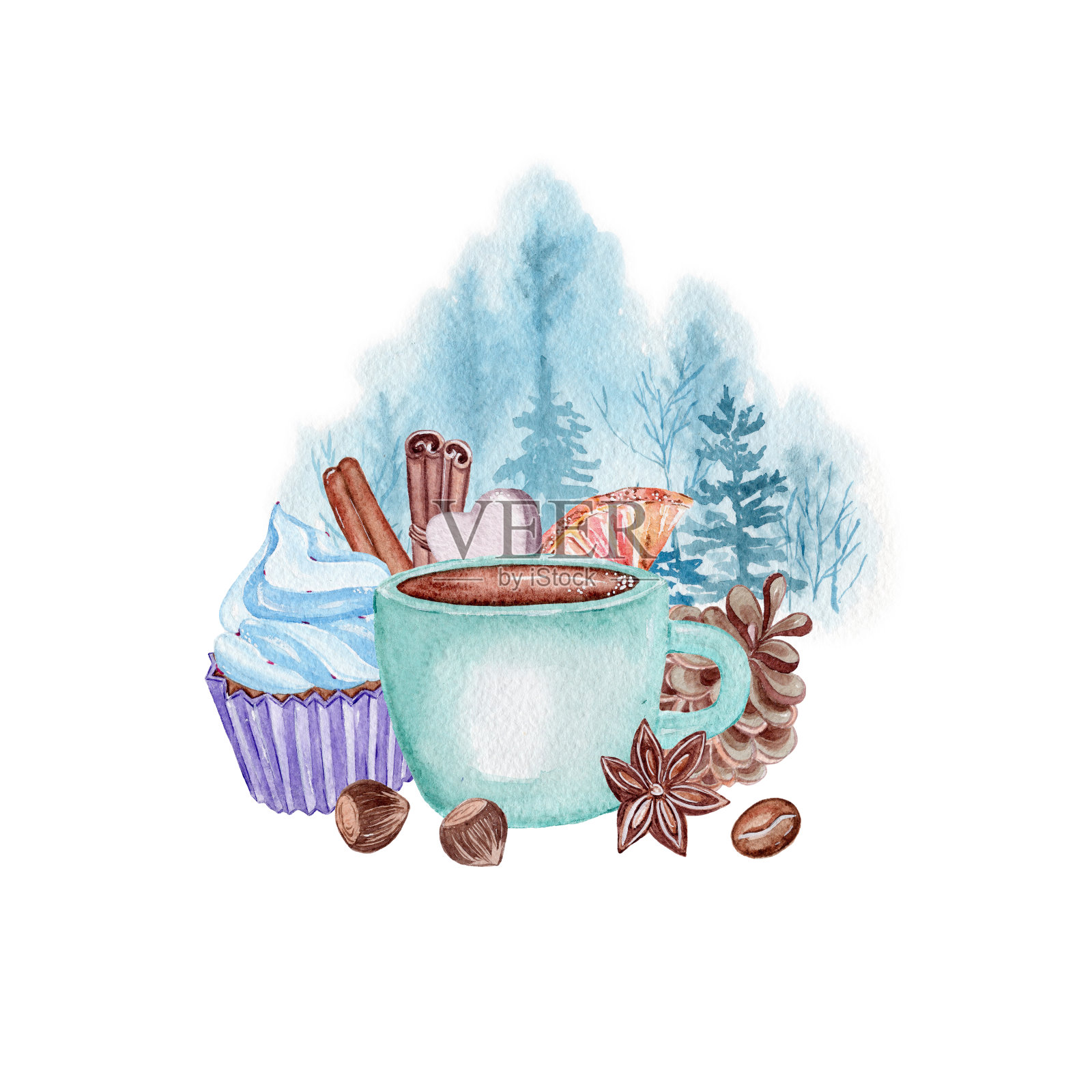 水彩圣诞插画：冷杉枝、节日花卉与装饰品插画图片素材