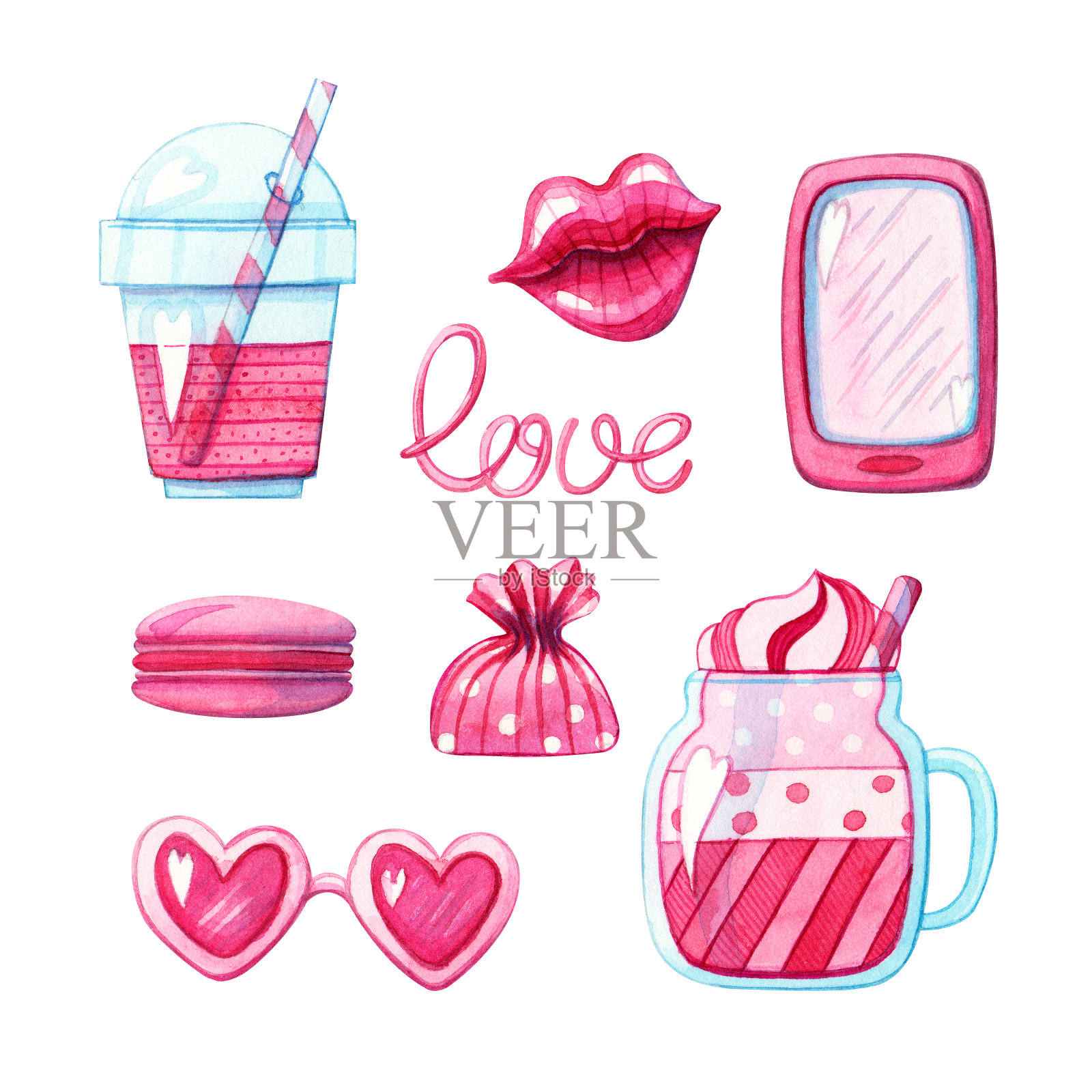 粉色的智能手机、嘴唇、鸡尾酒、糖果和眼镜插画图片素材