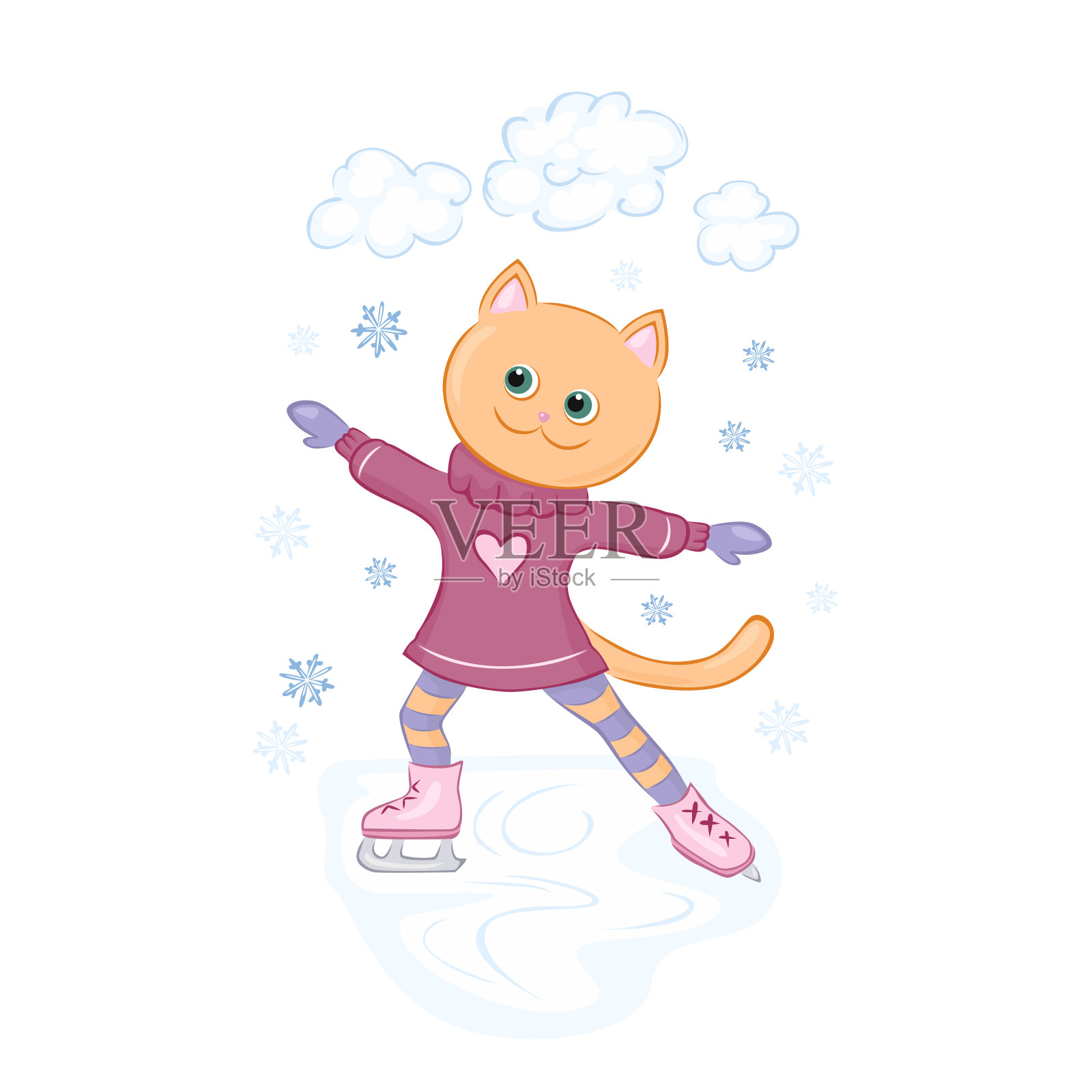 穿着裙子的猫女孩在溜冰场溜冰。可爱的人物花样滑冰。矢量插图的冬季乐趣在卡通简单的平面风格。设计元素图片