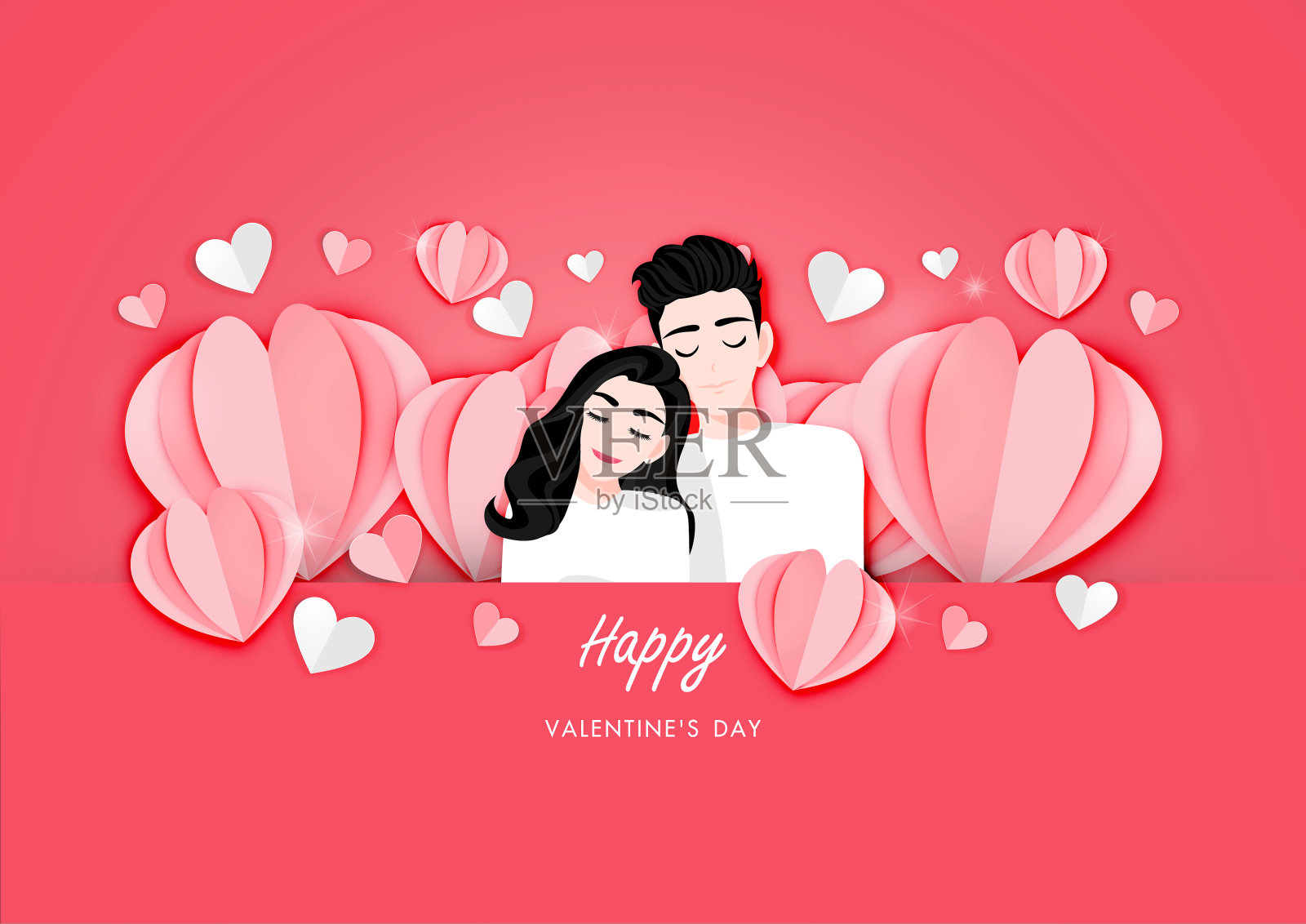 爱情夫妇肖像在纸心形状的背景。情人节卡通人物和抽象矢量设计插画图片素材