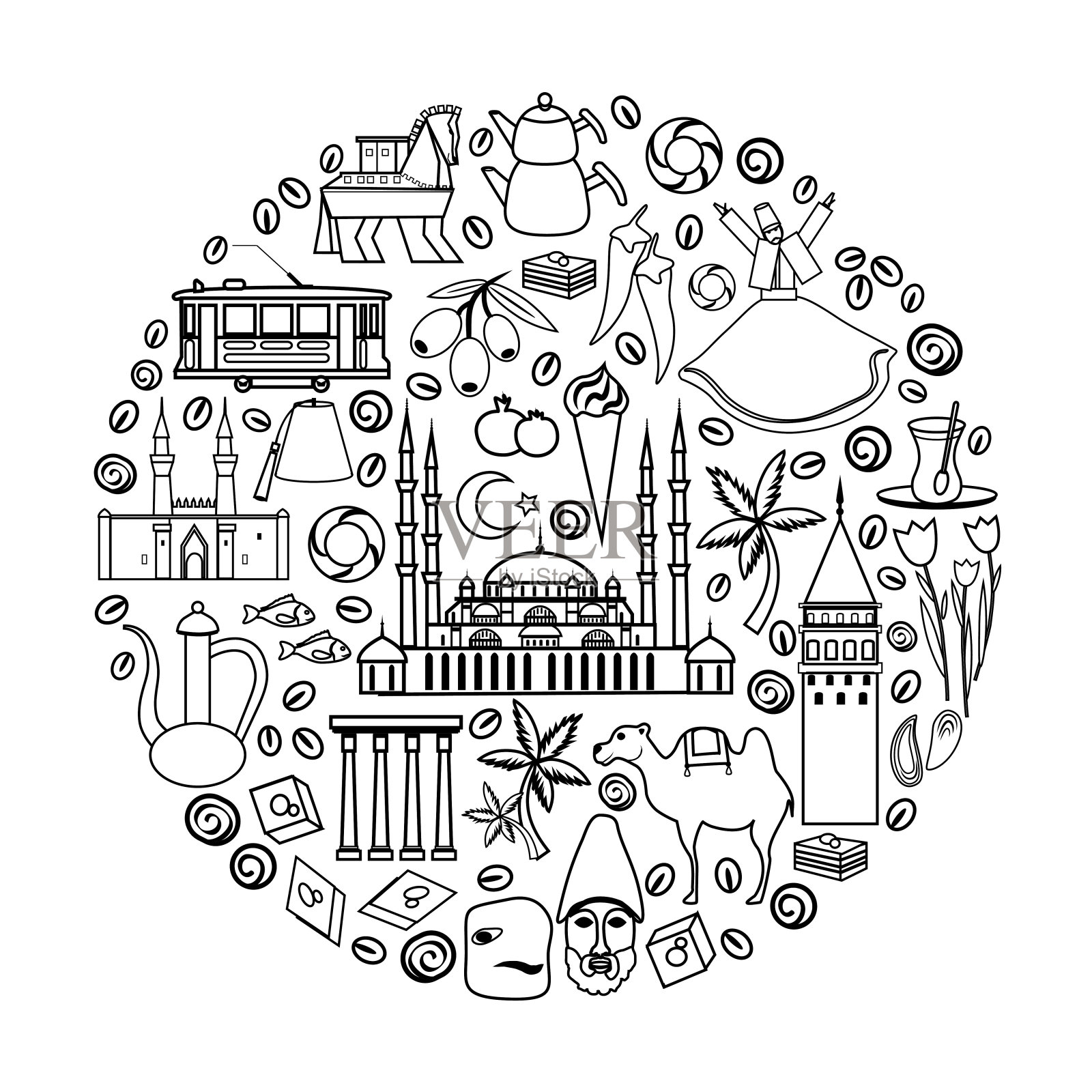 圆形矢量框架、土耳其卡通旅游插图、地标加拉塔、内姆鲁特山、塞利米耶清真寺、伊兹密尔钟楼、切尔苏斯图书馆、土耳其符号特洛伊木马、装饰图标线艺术插画图片素材