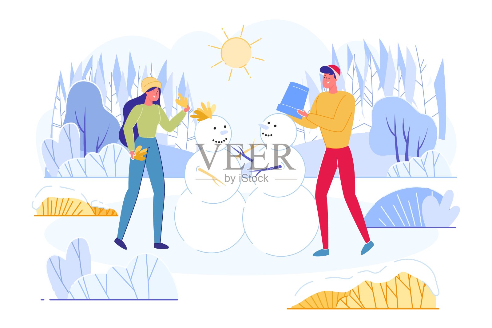 广告横幅，年轻夫妇雕塑雪人。插画图片素材