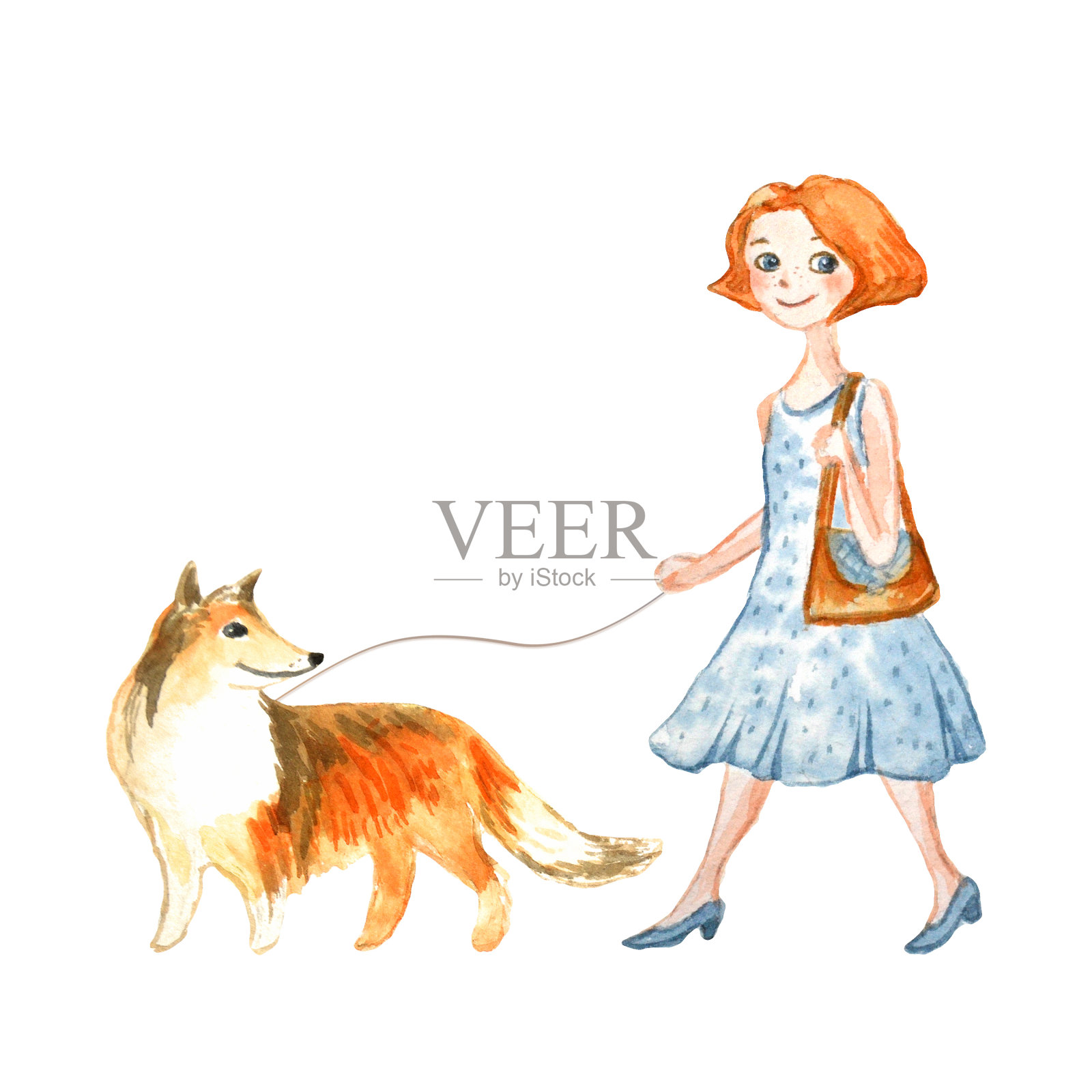 一个穿着蓝色裙子的女孩和一只狗在散步。水彩插图卡通风格。插画图片素材