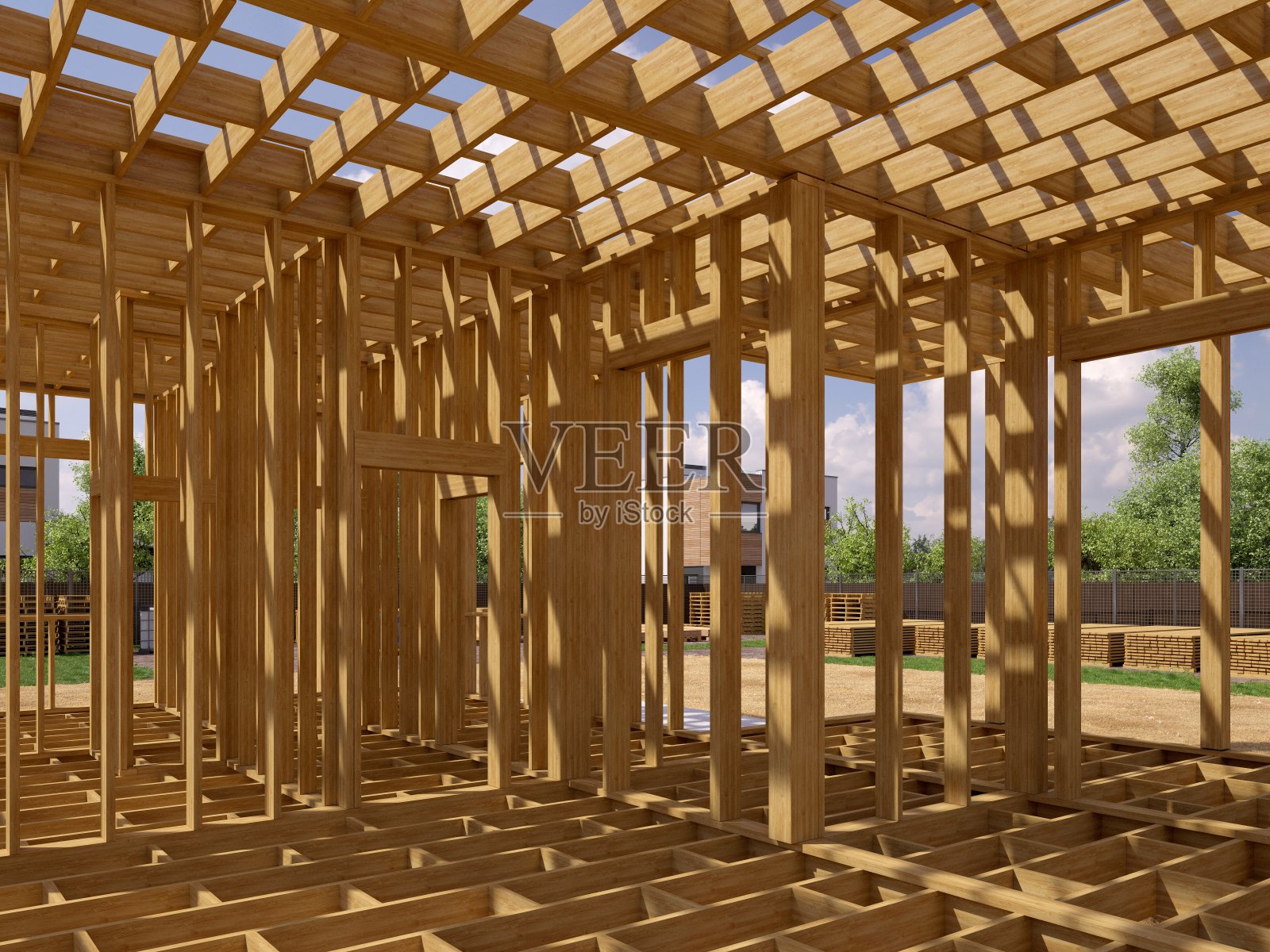 框架房屋的3d渲染图像。框架房屋的3D插图。照片摄影图片