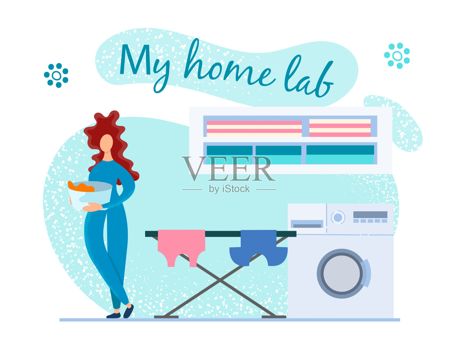 快乐的女孩洗完后挂衣服。插画图片素材