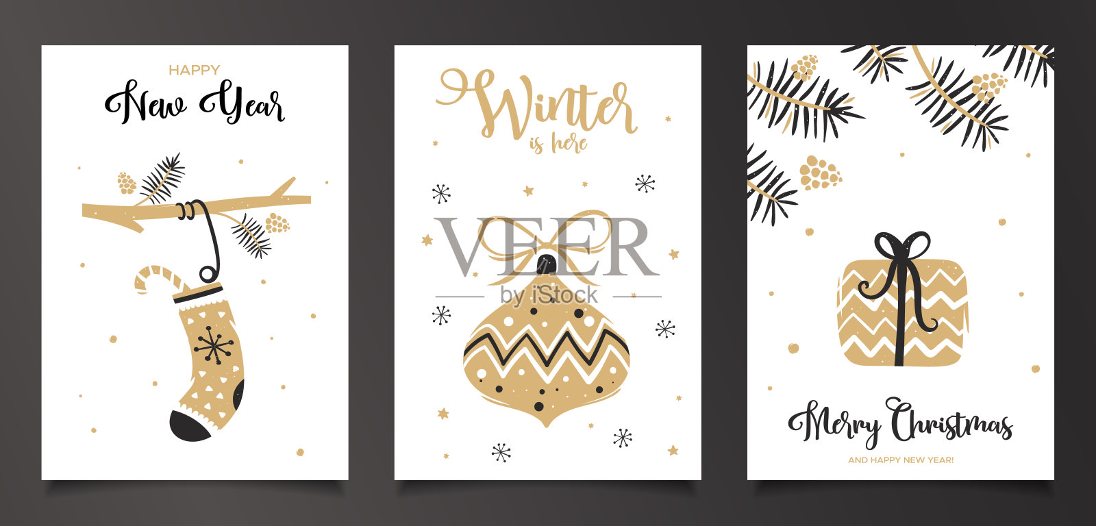 一套圣诞贺卡与袜子，玩具和礼物插画图片素材