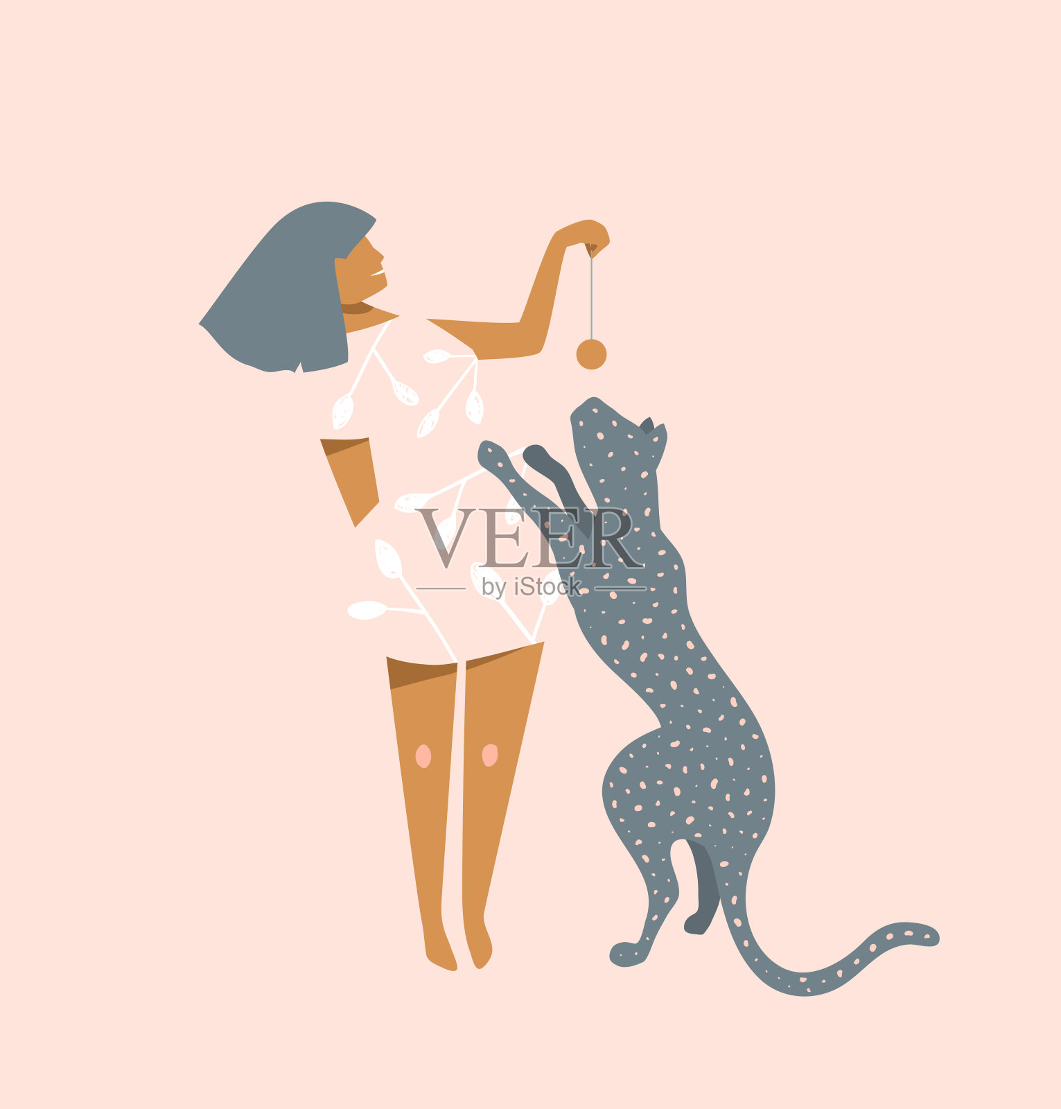 小女孩玩在浅粉色的背景上的野猫图形设计。插画图片素材