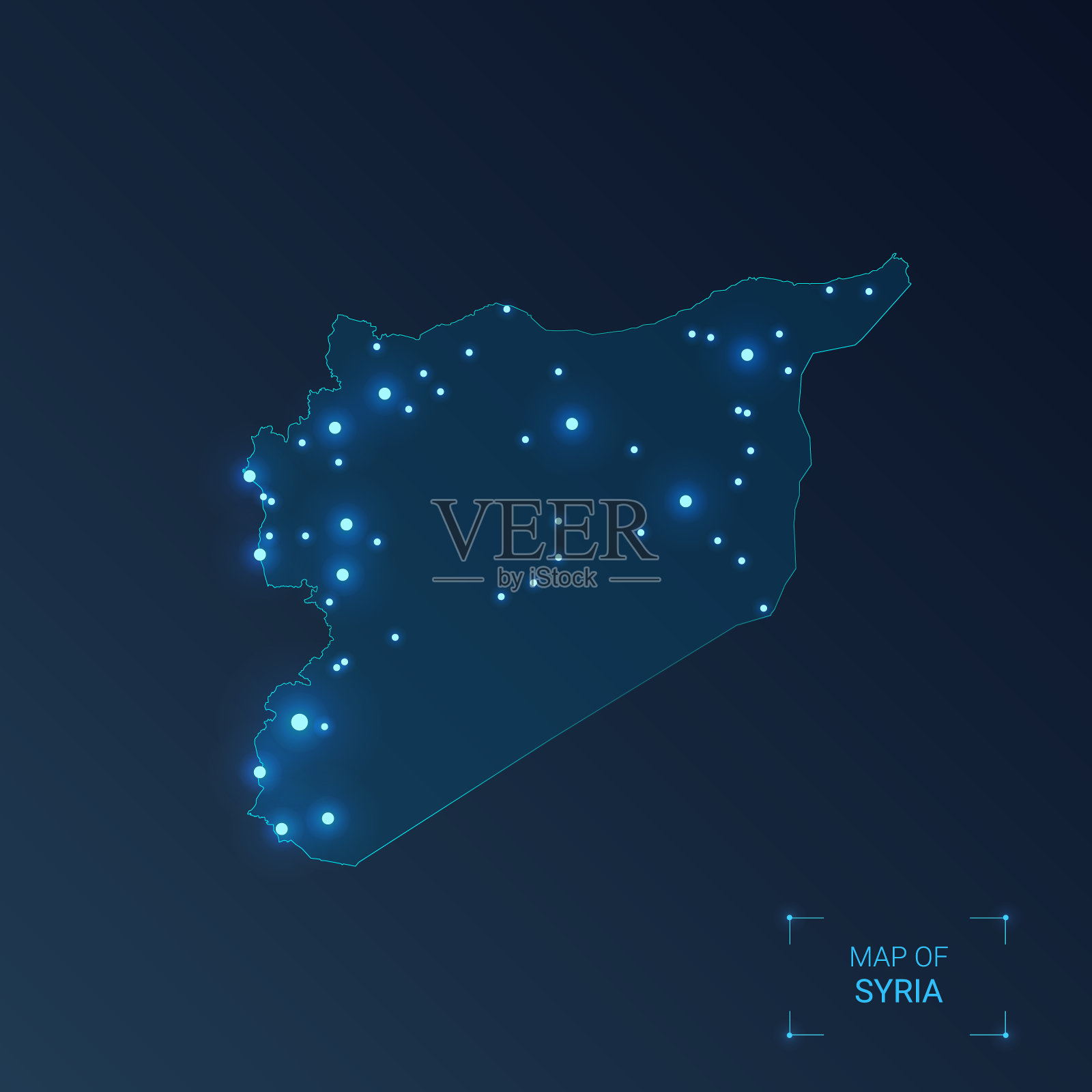 叙利亚地图与城市。发光点-在黑暗背景上的霓虹灯。矢量插图。插画图片素材
