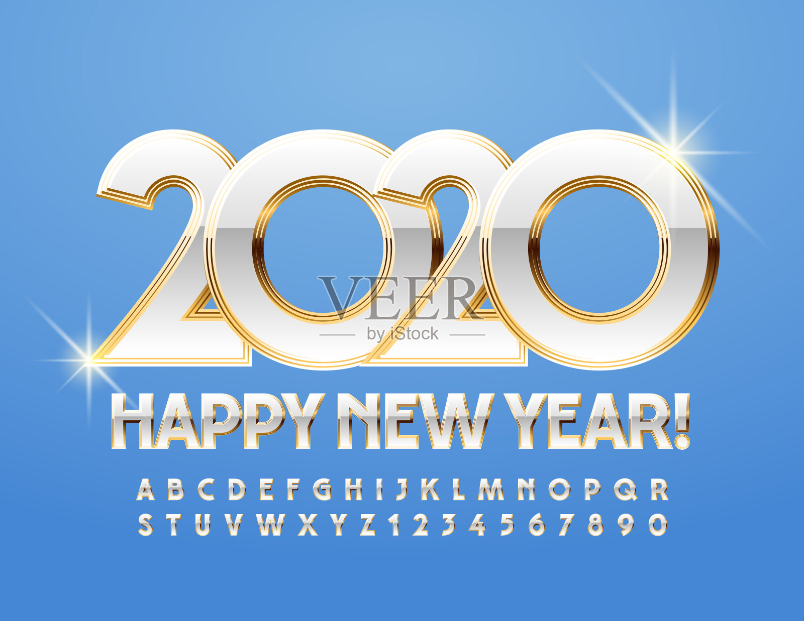 矢量皇家金色和白色贺卡新年快乐2020。别致光滑的字母和符号插画图片素材