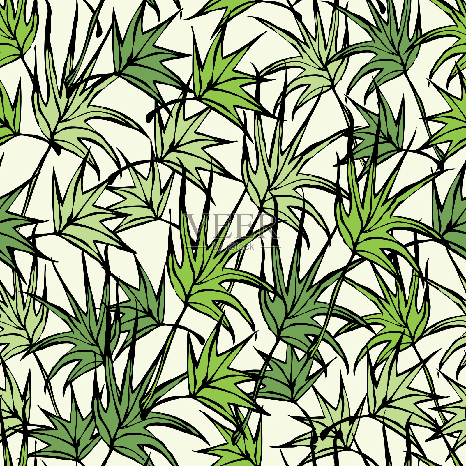 绘制的绿色叶子的无缝图案插画图片素材