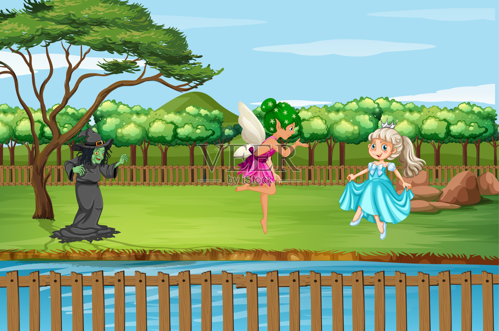 公园里女巫和仙女的场景插画图片素材